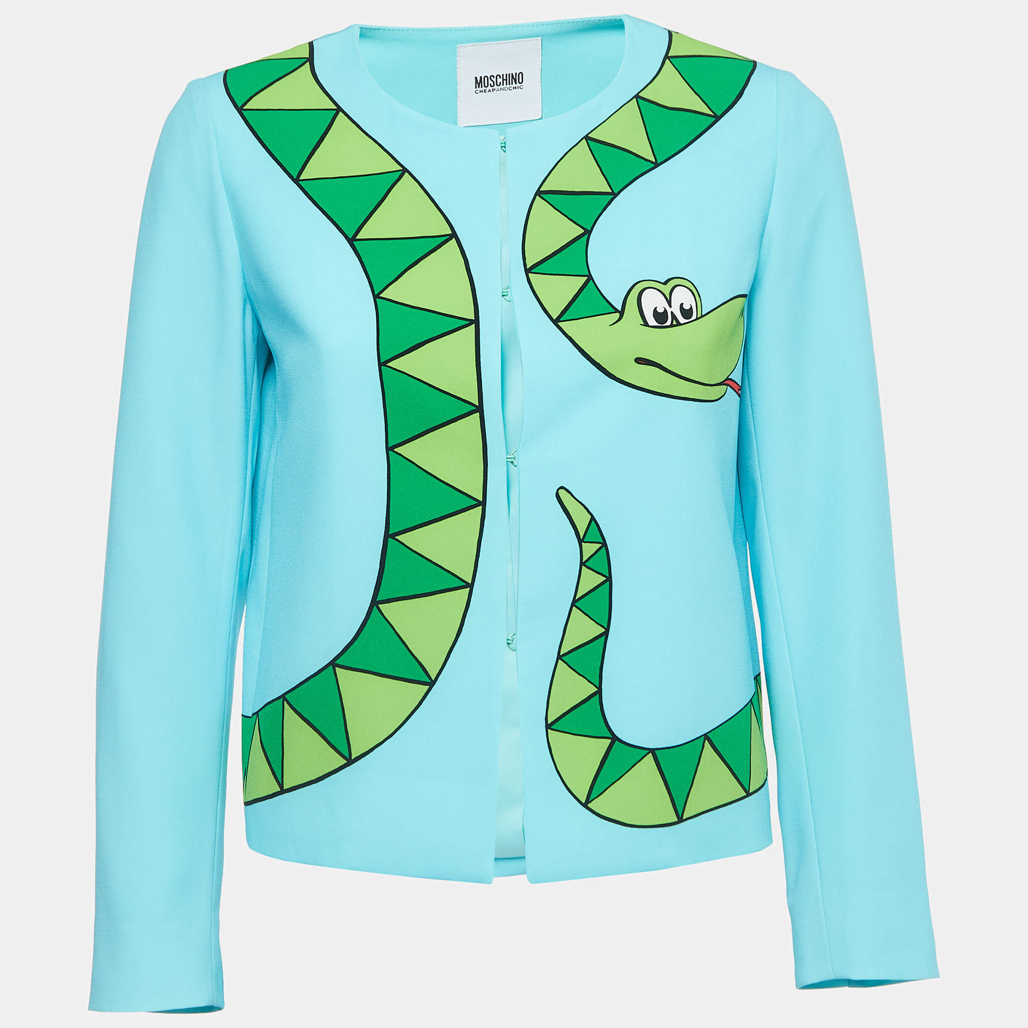 Pre Owned Moschino Cheap & Chic Blue Snake Print Crepe Hook Front Coat S