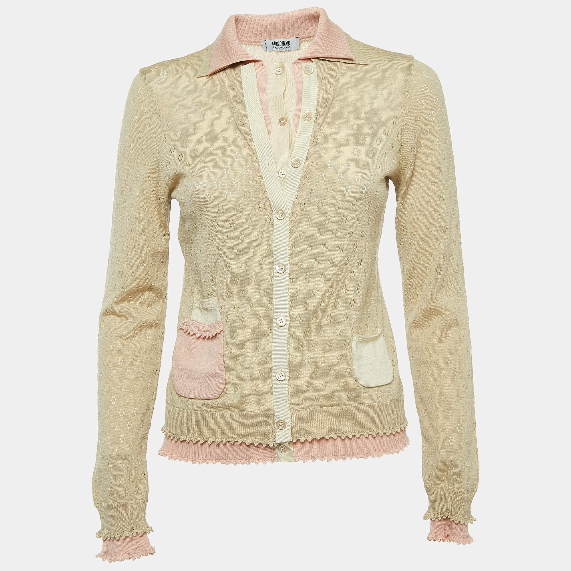 Moschino Cheap and Chic Beige/Pink Perforated Wool Knit Button Front Cardigan M
