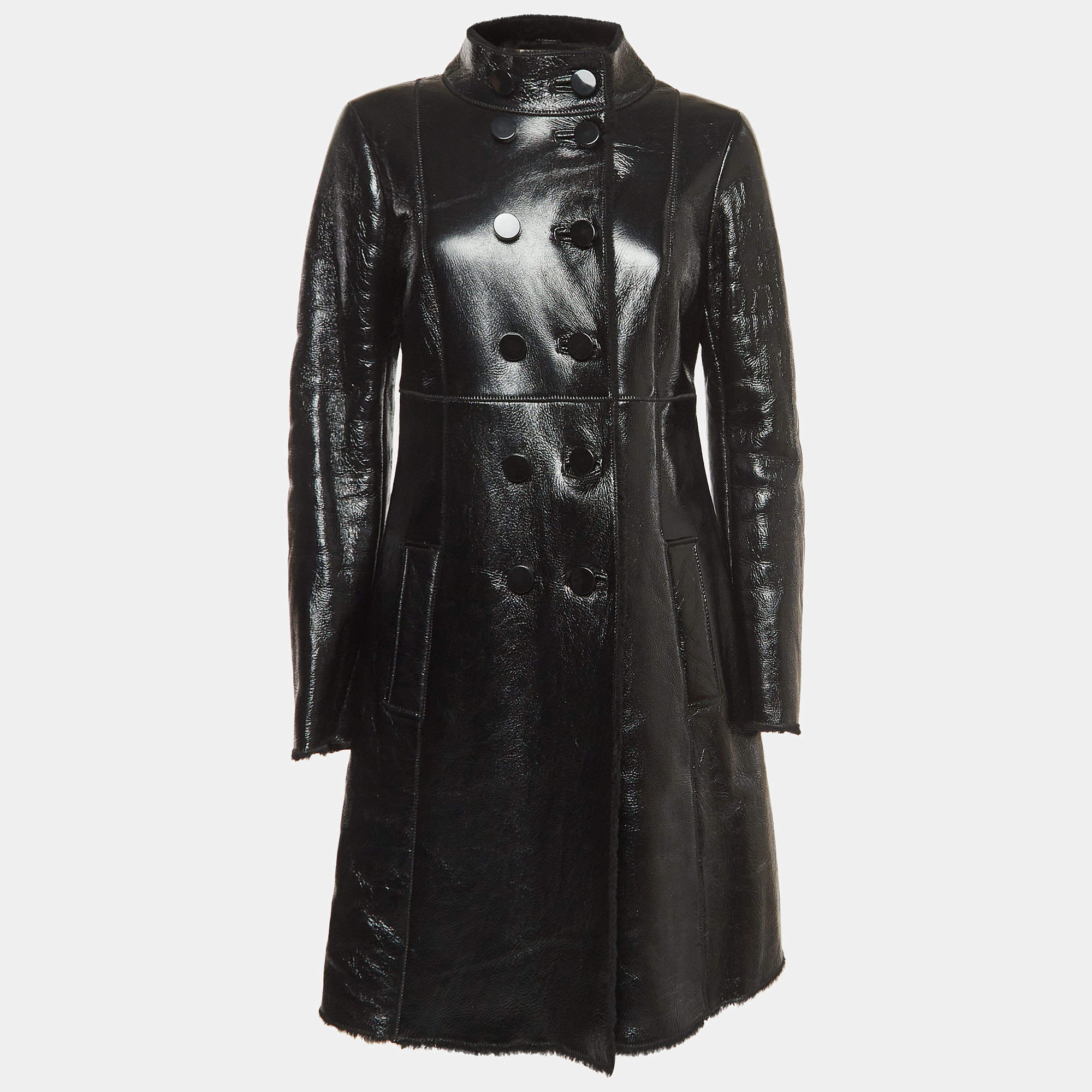 Pre Owned Moschino Cheap and Chic Black Sheepskin Leather Double Breasted Mid-length Coat M
