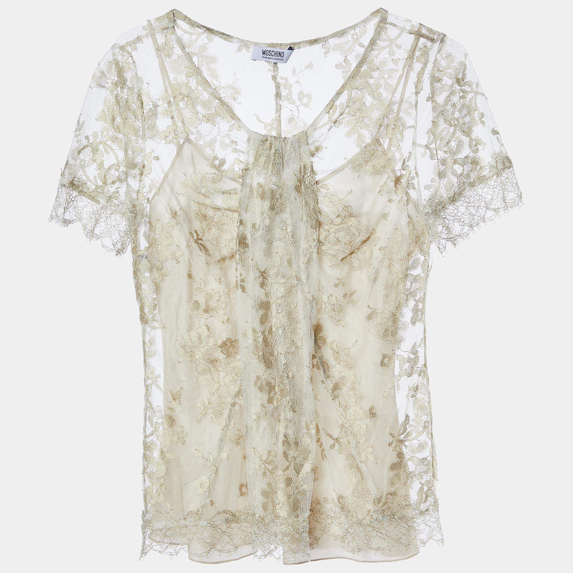 Pre Owned Moschino Cheap and Chic Gold Floral Lace Half Sleeve Top S