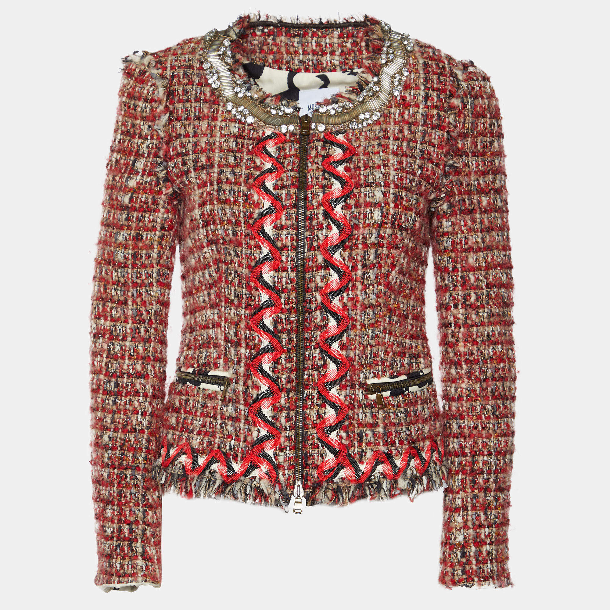 Pre Owned Moschino Cheap and Chic Red Tweed Embellished Jacket M