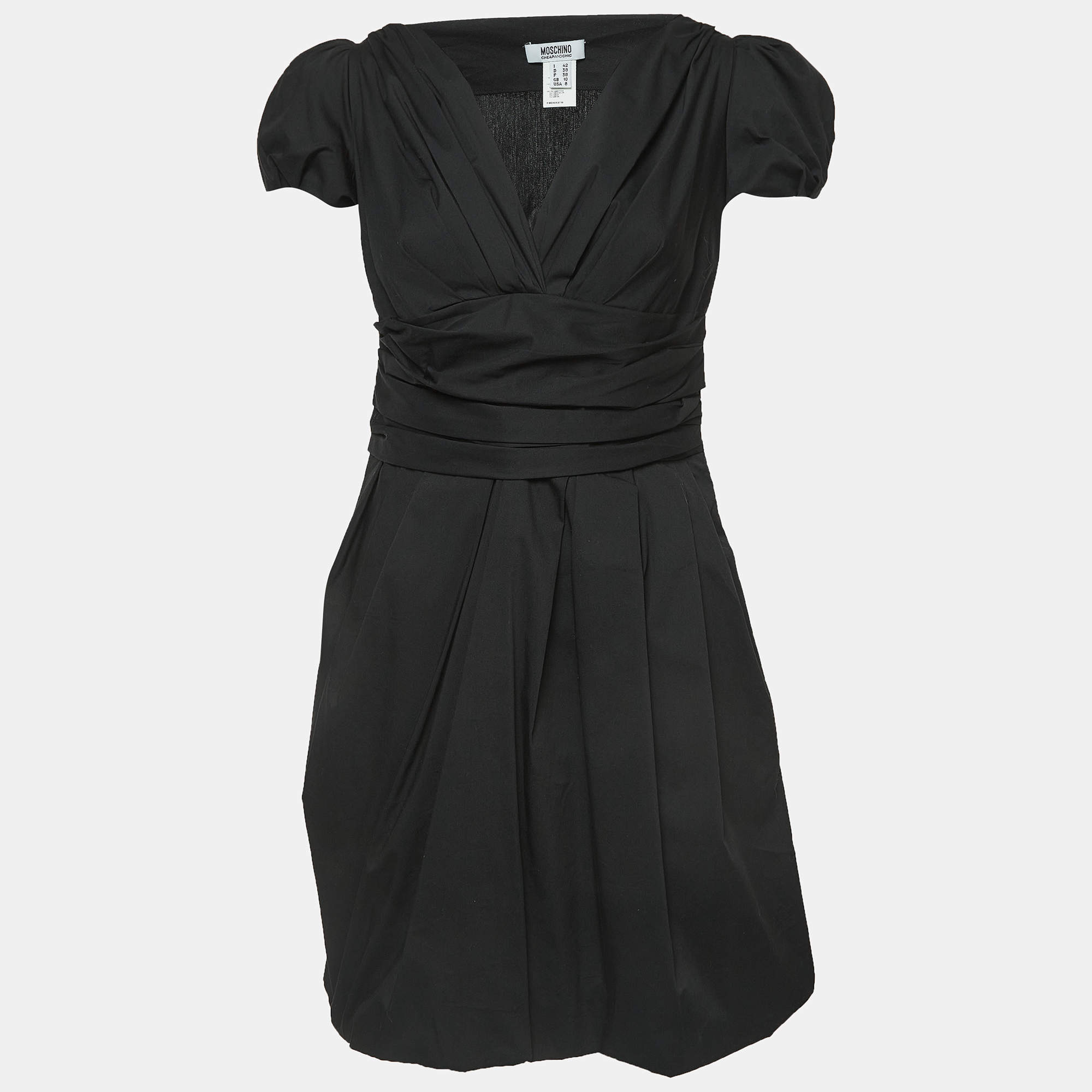 Pre Owned Moschino Cheap and Chic Black Pleated Cotton V-Neck Mini Dress M