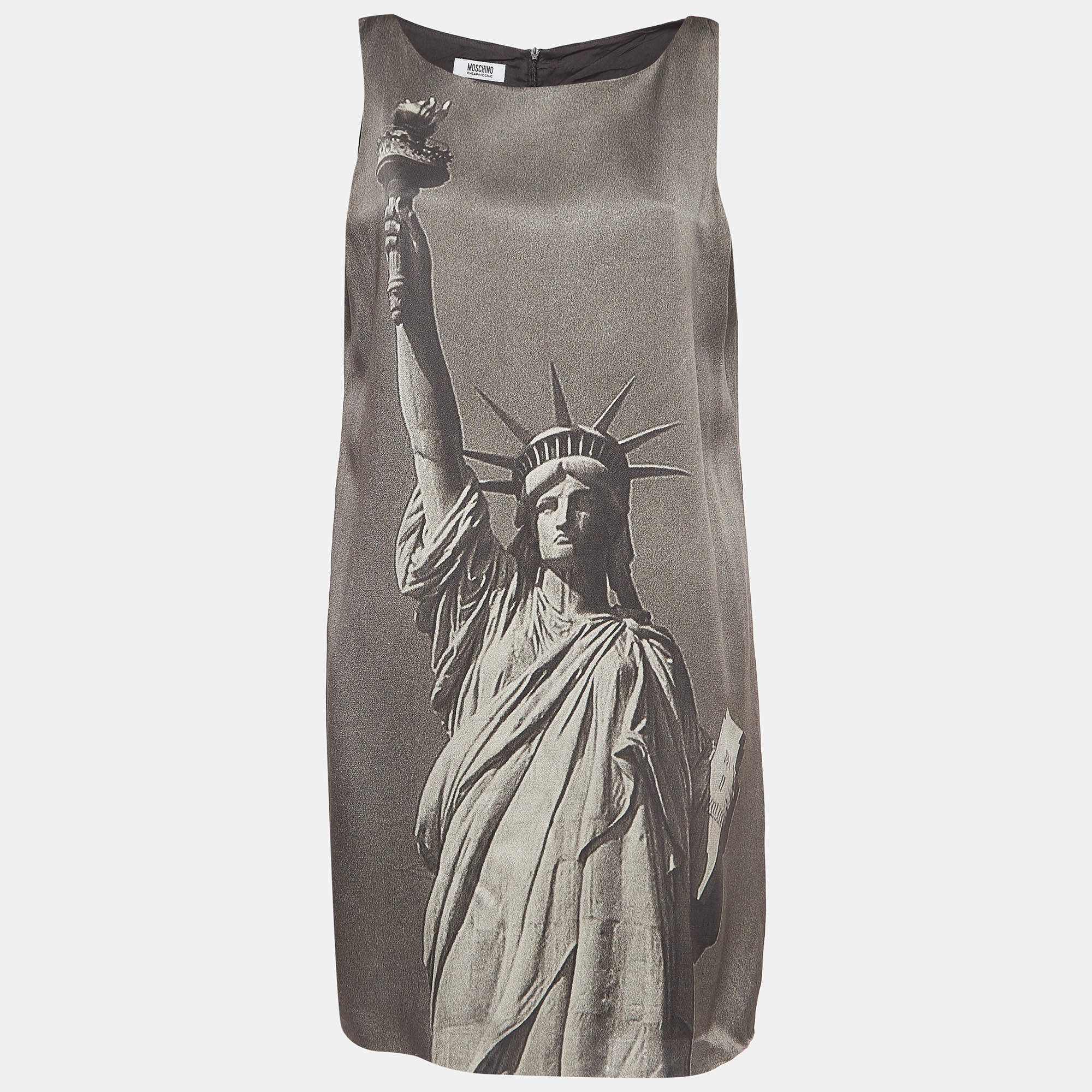 Pre Owned Moschino Cheap and Chic Black Statue Of Liberty Printed Crepe Mini Dress S
