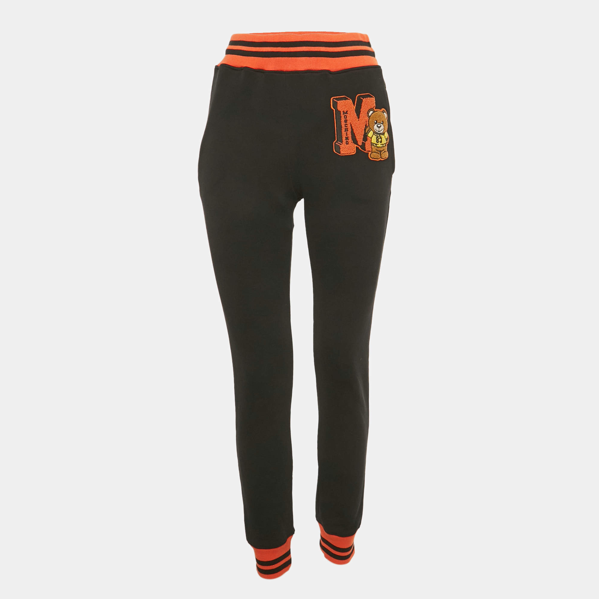 Pre Owned Moschino Couture Black/Orange Teddy Applique Cotton Sweatpants XS