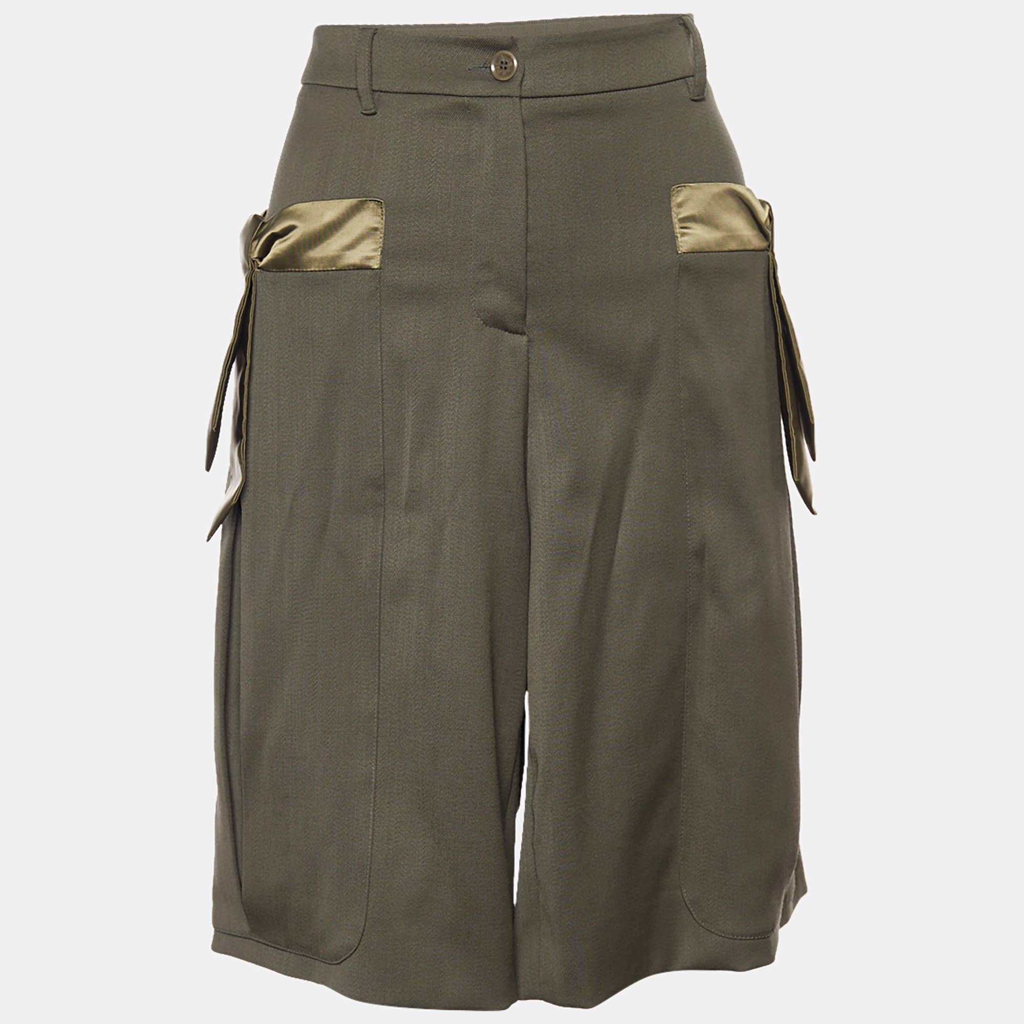 مملوكة مسبقًا Moschino Couture Military Green Wool Contrast Detail Pocket Shorts L