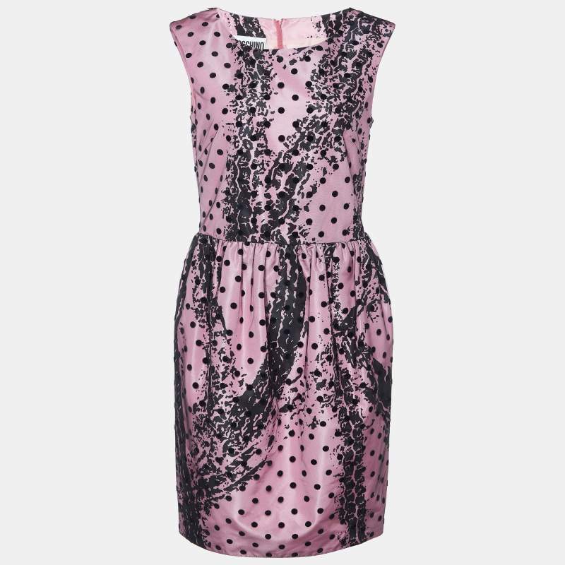 Pre Owned Moschino Couture Pink Printed Satin & Polka Dot Tulle Sleeveless Sheath Dress L
