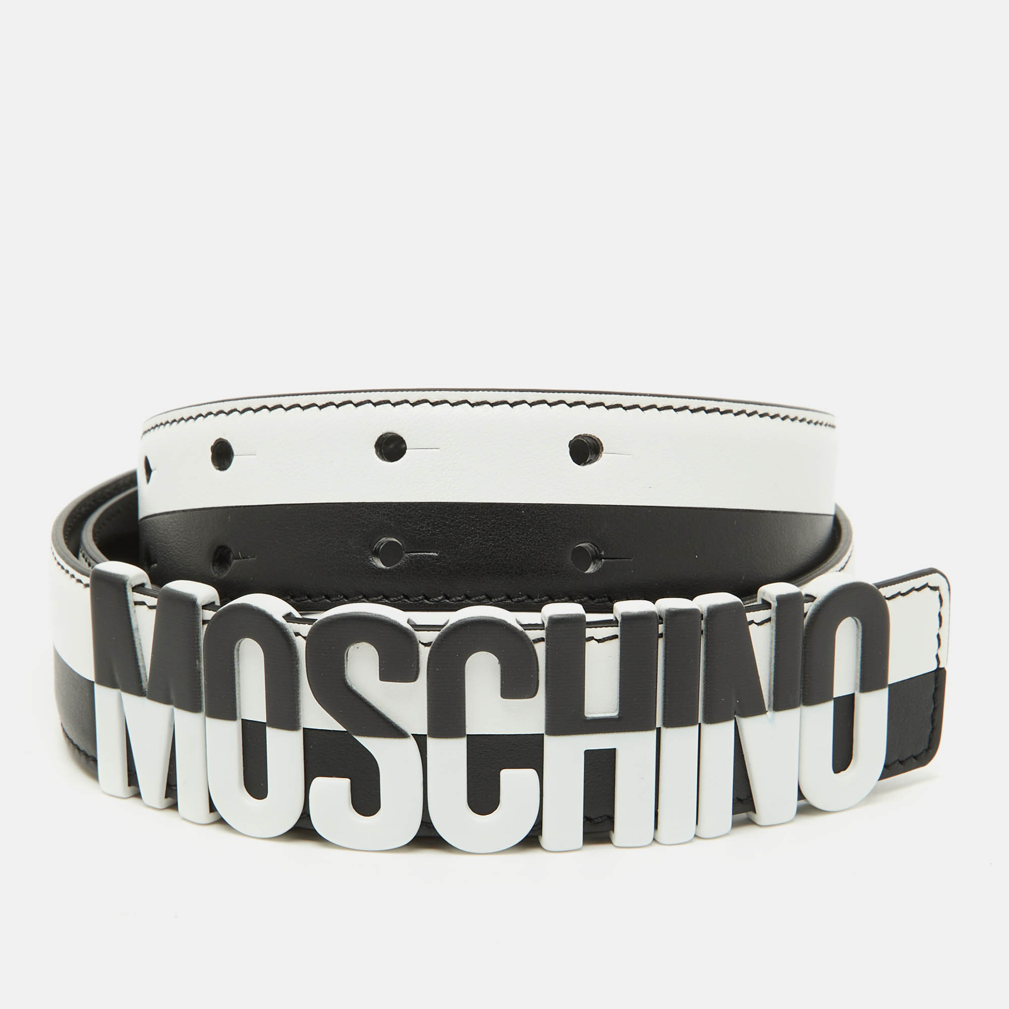 Pre Owned Moschino Black/White Leather Classic Logo Belt 95CM