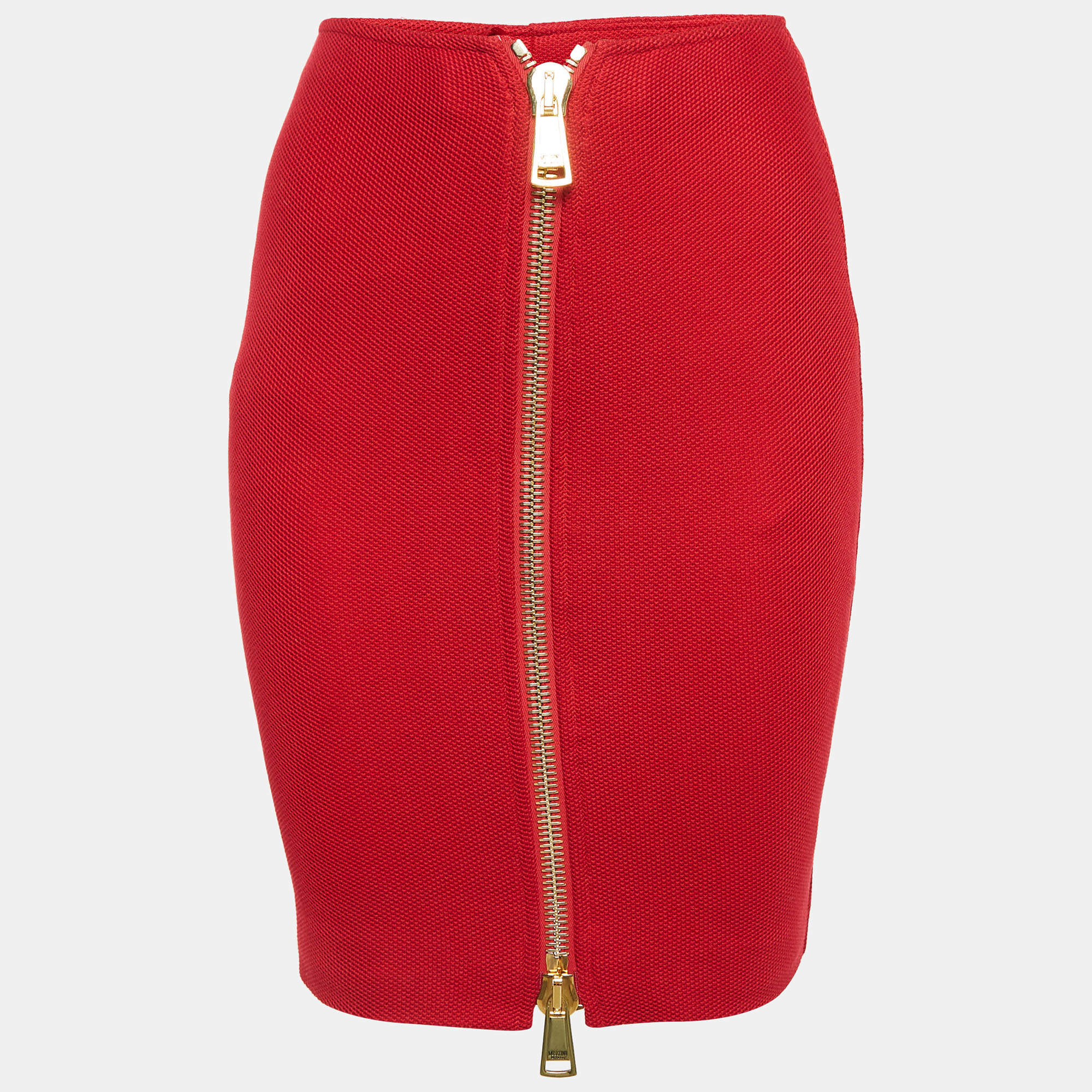 Pre Owned Moschino Couture Red Cotton Pique Zipped Knee-Length Skirt M