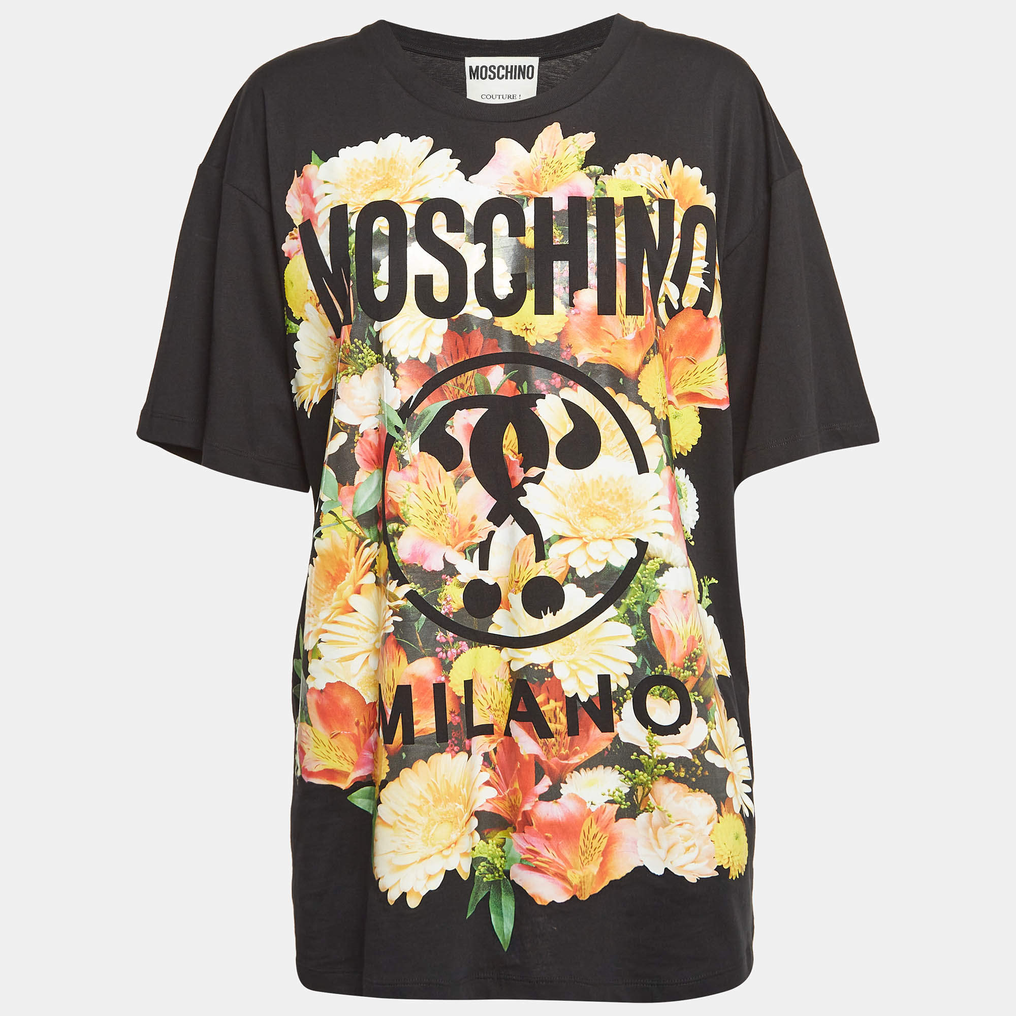 Pre Owned Moschino Couture Black Floral Logo Print Oversized T-Shirt L