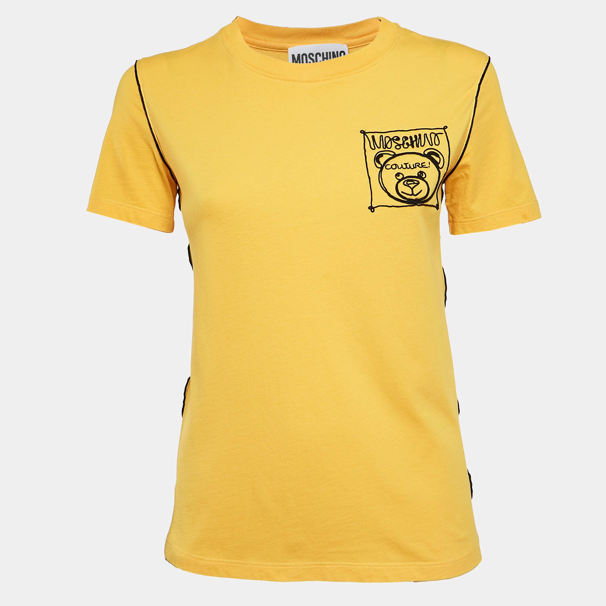 Pre Owned Moschino Couture Yellow Cotton Embroidered Crew Neck T-Shirt XS