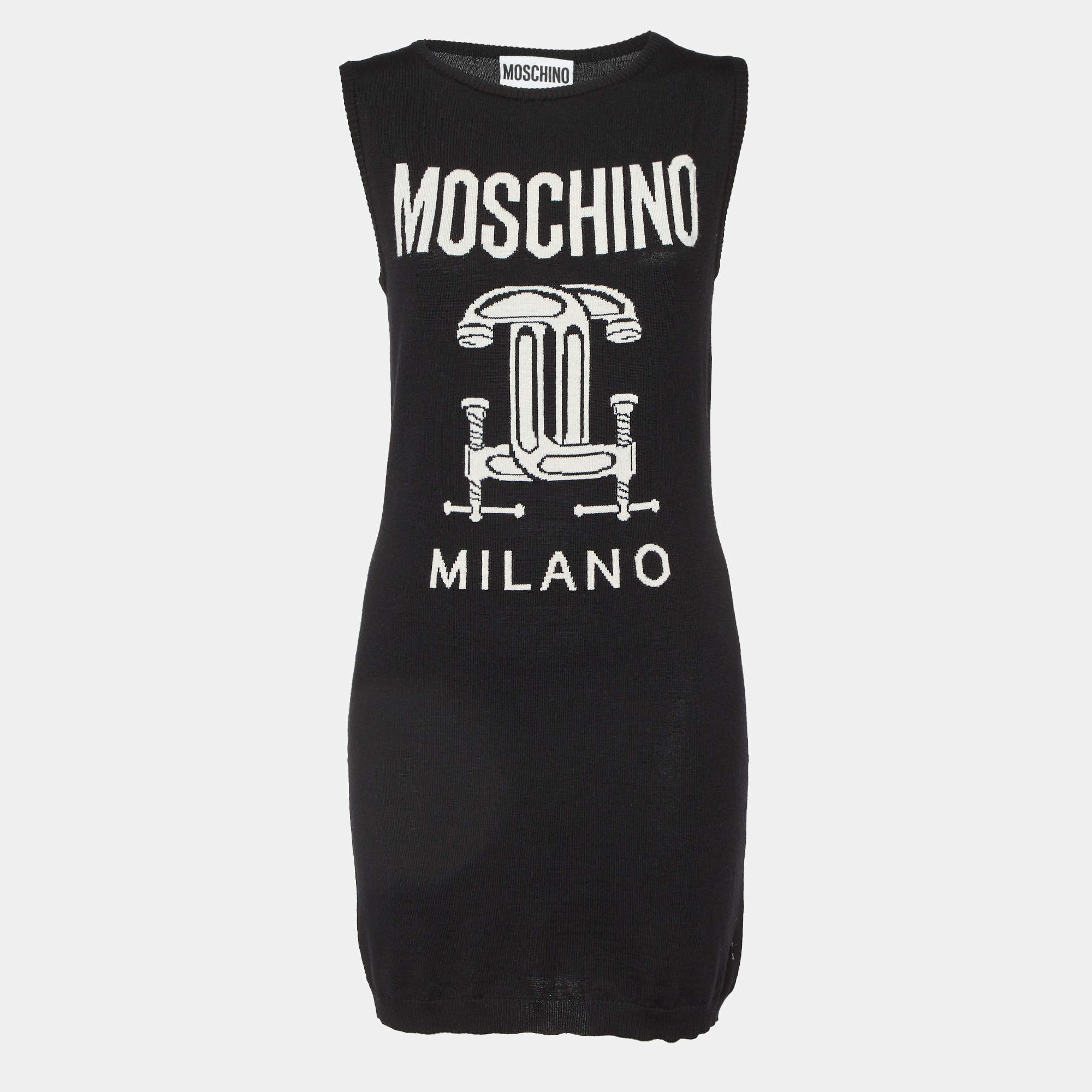 Pre Owned Moschino Couture Black Logo Intarsia Wool Knit Sweater Dress M