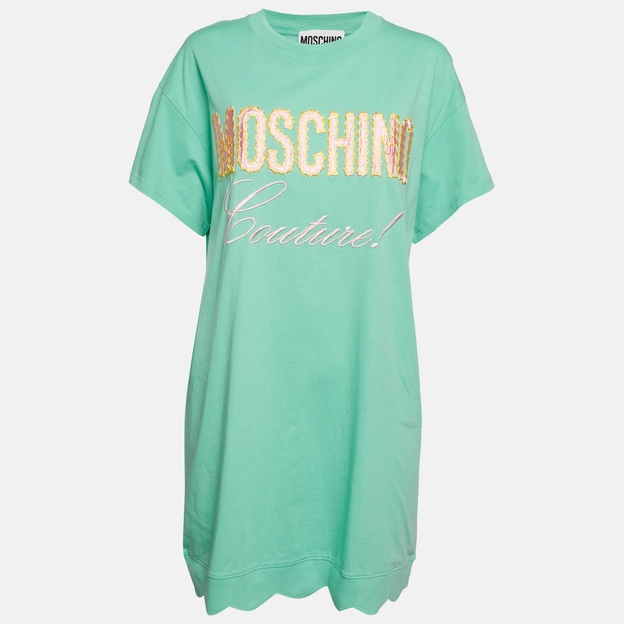 Pre Owned Moschino Couture Green Logo Embroidered Cotton T-Shirt Dress M