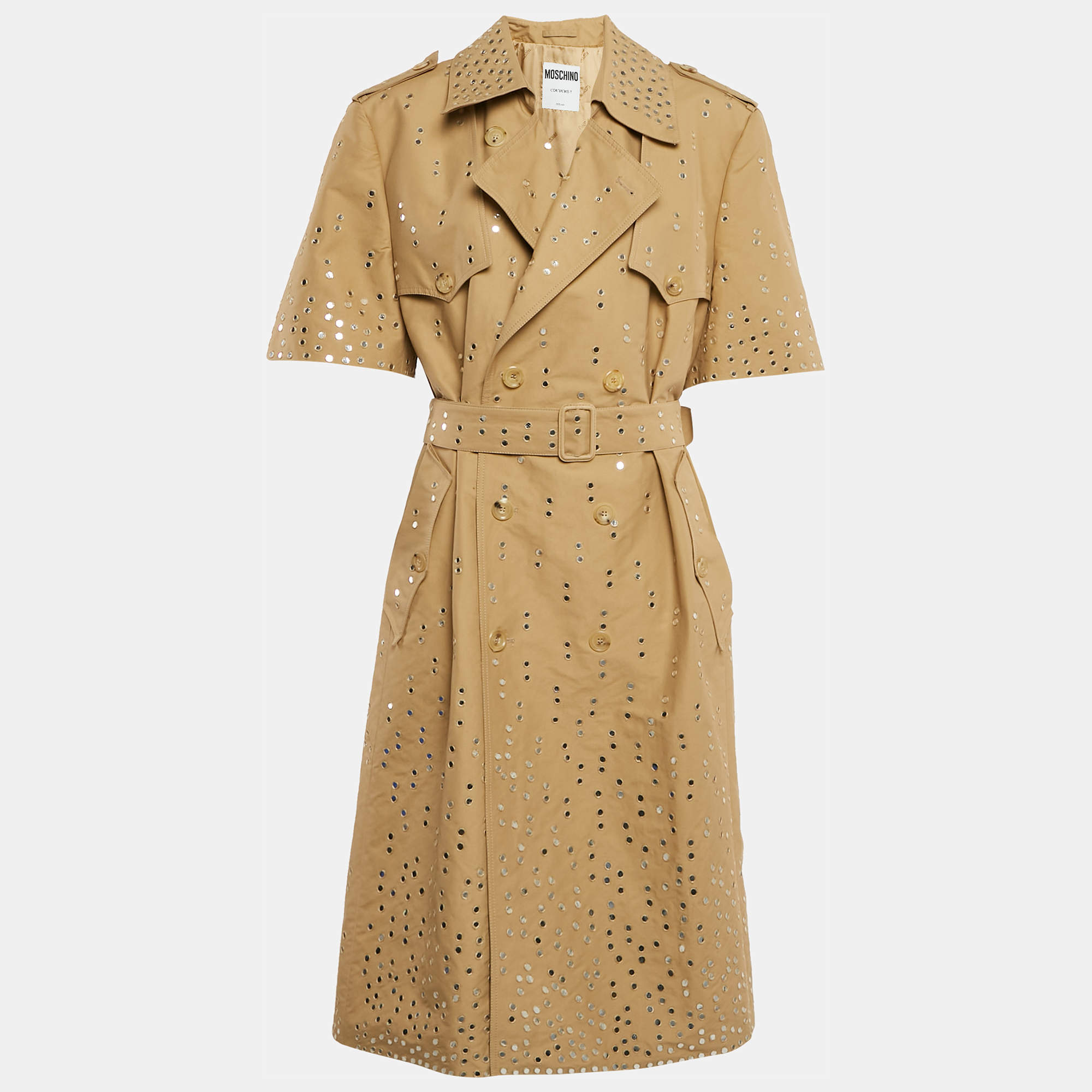 Moschino Couture Dark Beige Mirror Work Embroidery Cotton Blend Trench Coat XL