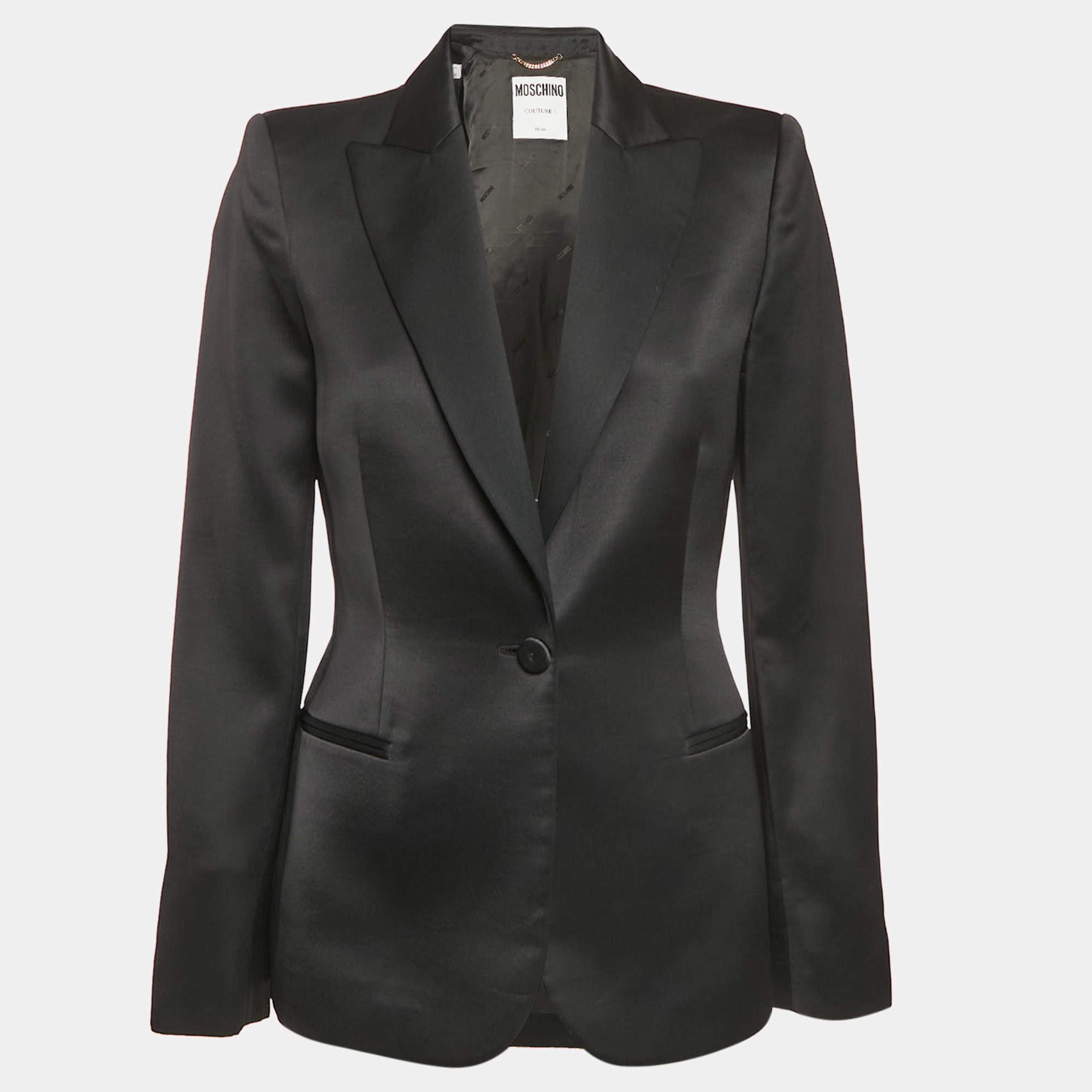 Pre Owned Moschino Couture Black Satin No Smoking Applique Detail Blazer M