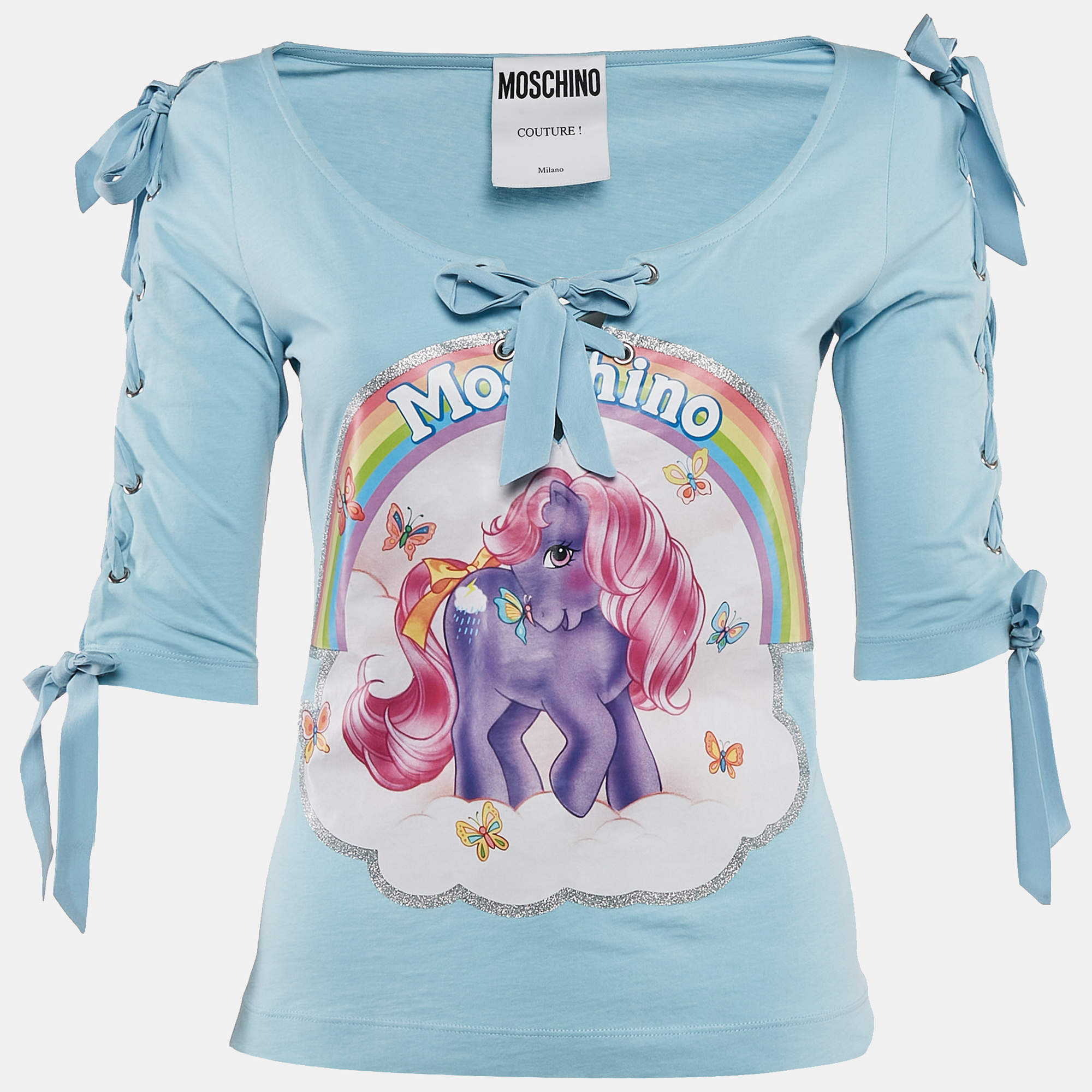 Moschino Couture Blue Little Pony Print Jersey Lace-Up Top S