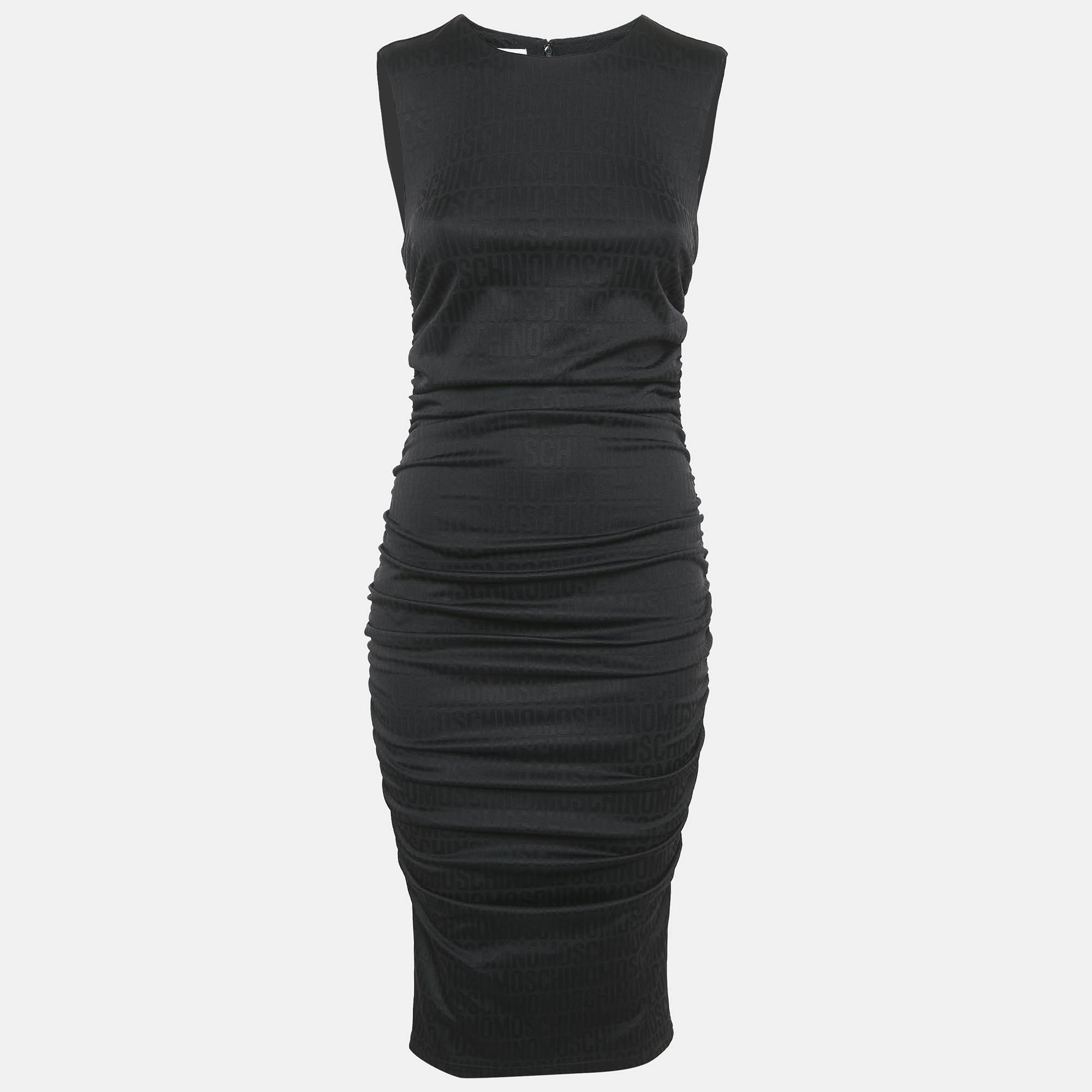 Pre Owned Moschino Couture  Black Monogram Jersey Ruched Sleeveless Midi Dress S