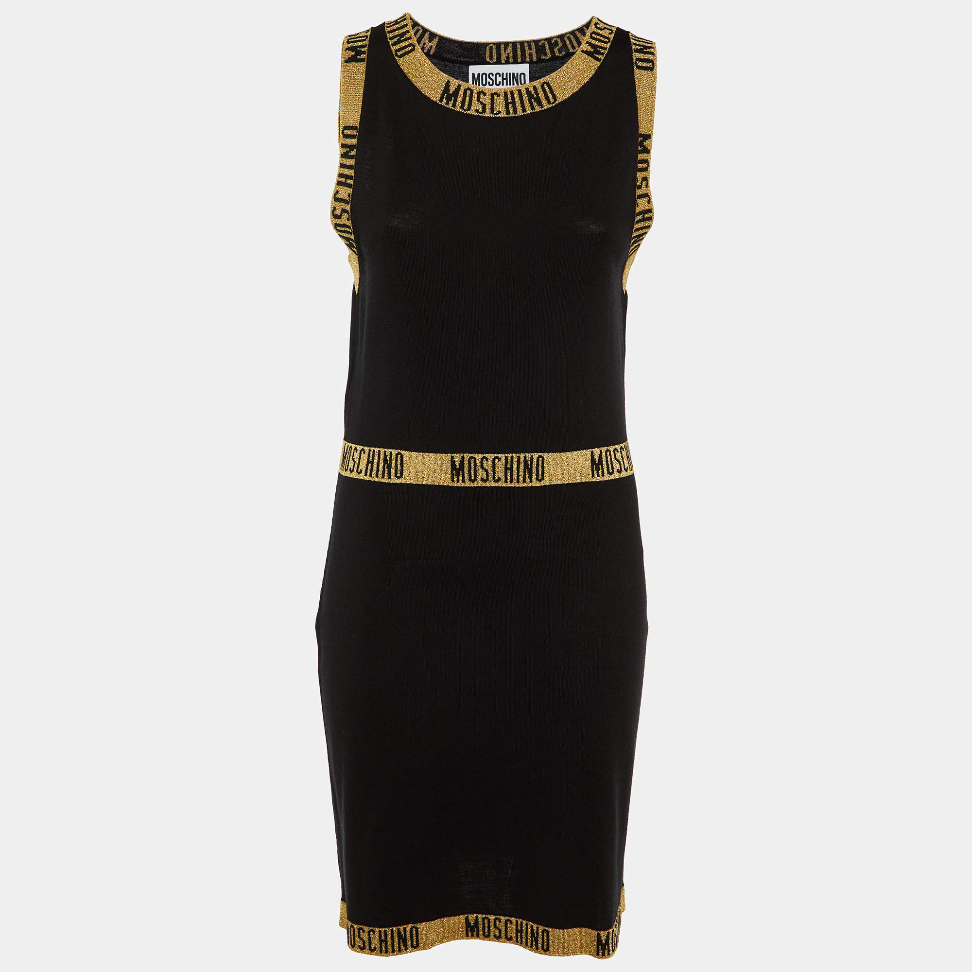 Pre Owned Moschino Couture Black Lurex Logo Detail Knit Dress & Cardigan Set M