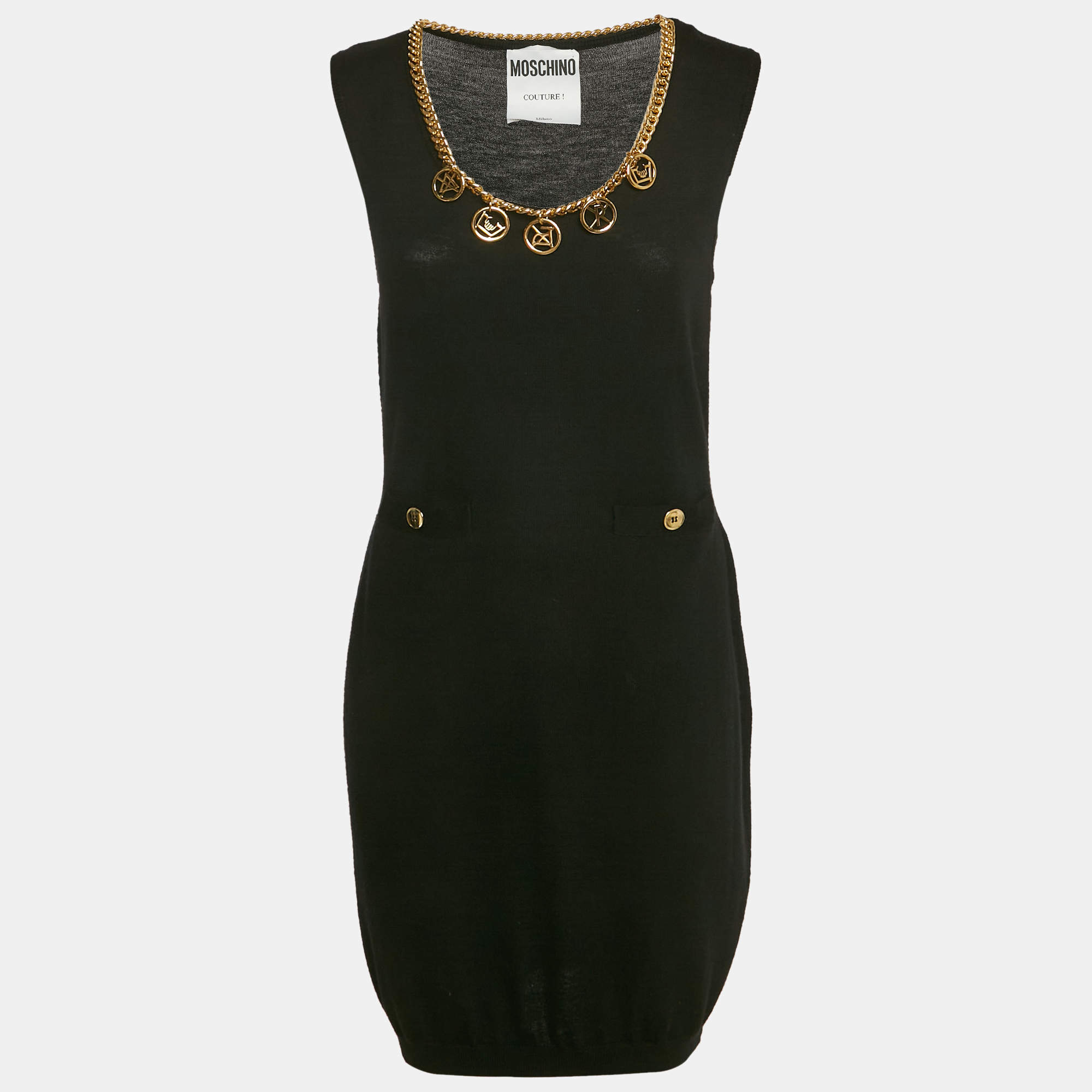 Pre Owned Moschino Couture Black Wool Knit Neck Embellished Mini Dress M