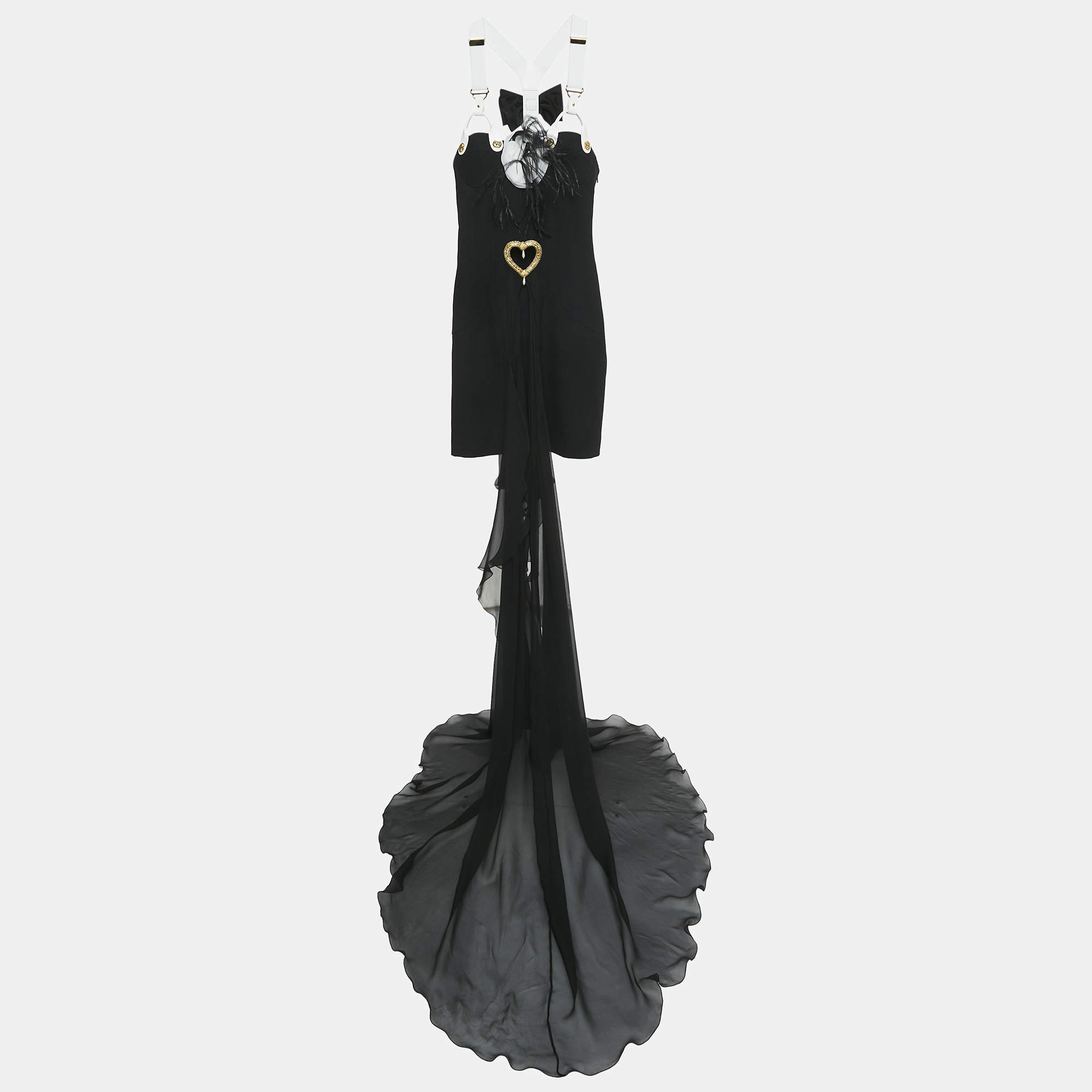 Pre Owned Moschino Couture Black Feather Trim Crepe and Silk Draped Detail Mini Dress S