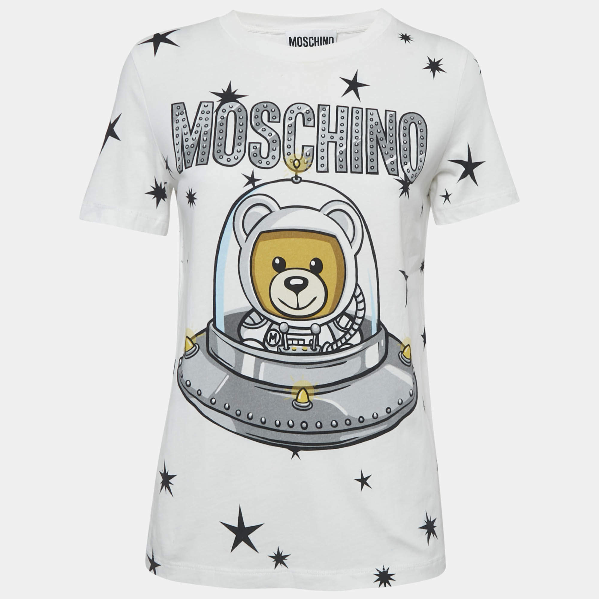 Pre Owned Moschino Couture White Cotton Printed Crew Neck T-Shirt S
