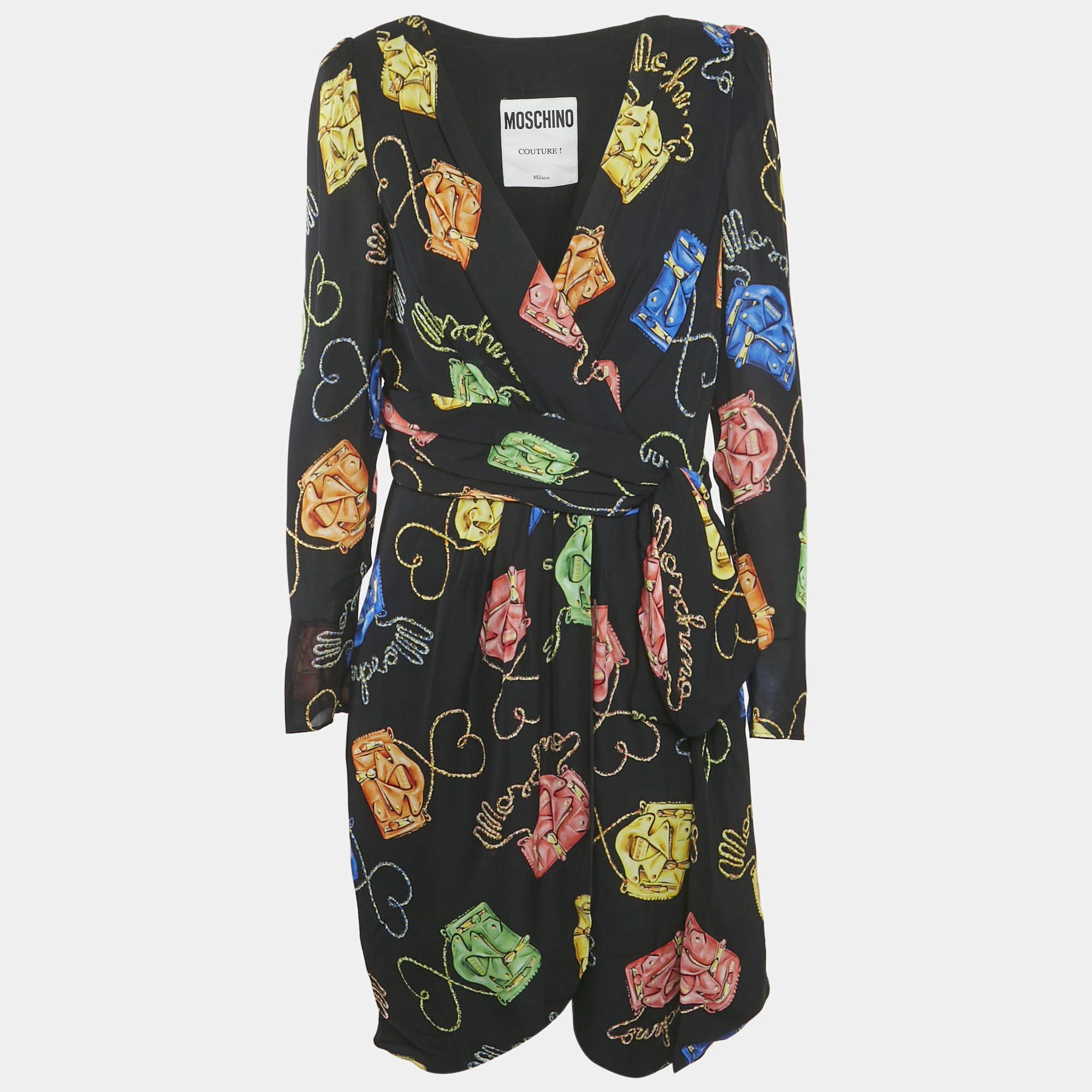 Pre Owned Moschino Couture Black Biker Bag Print Silk Wrap DressM
