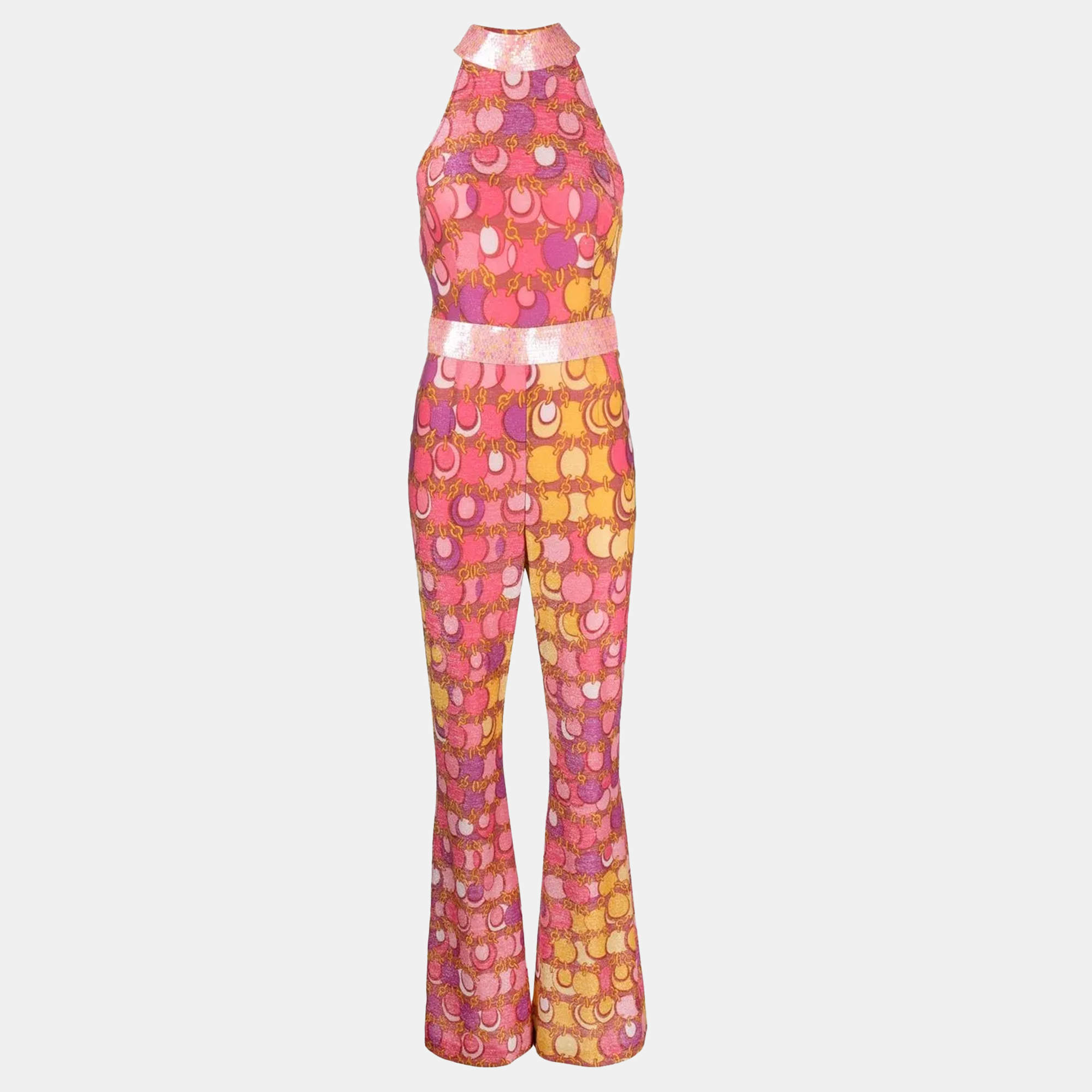 Pre Owned Moschino Couture Pink Printed Lurex Jersey Sequin Trim Jumpsuit XS