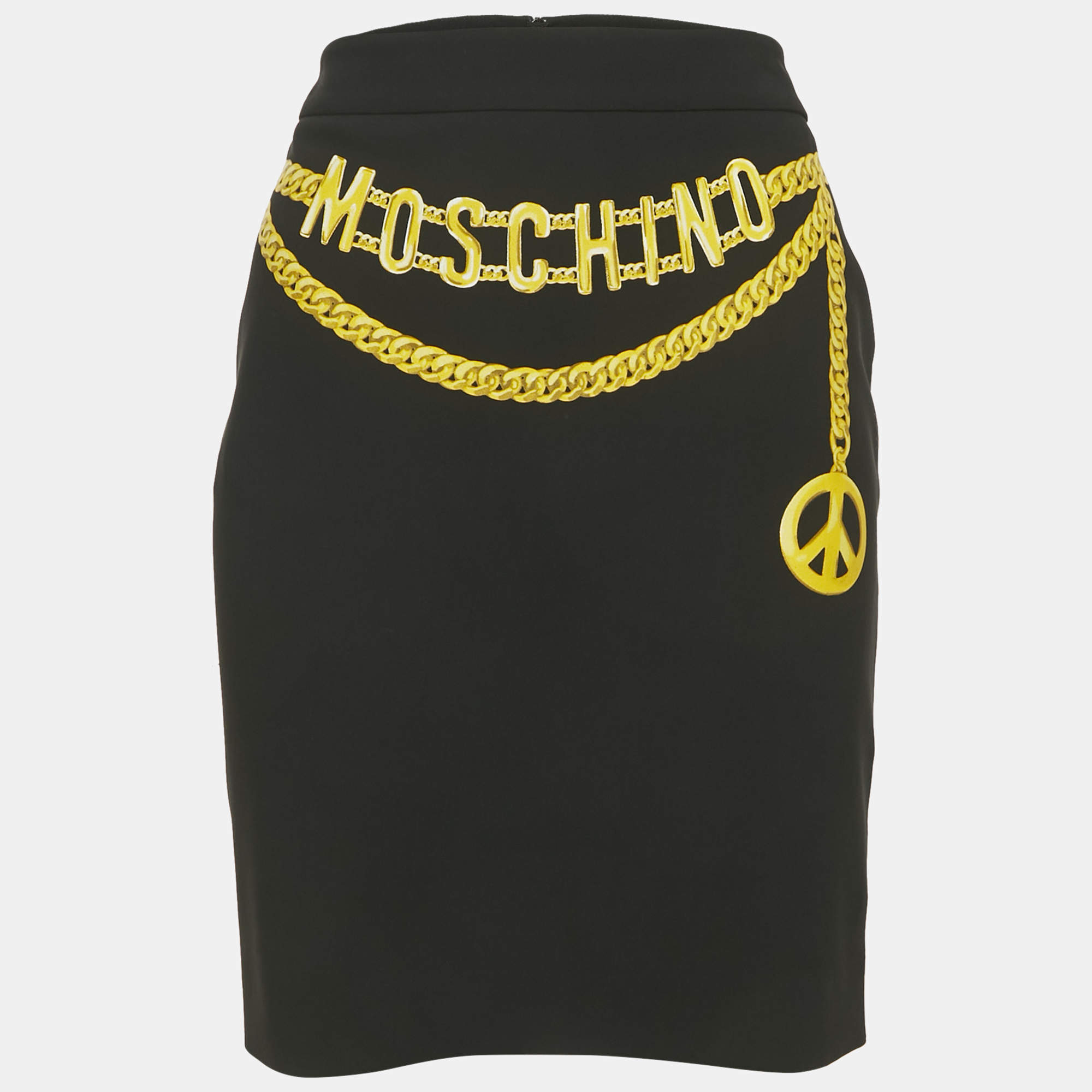 Pre Owned Moschino Couture Black Logo & Chain Print Crepe Mini Skirt M