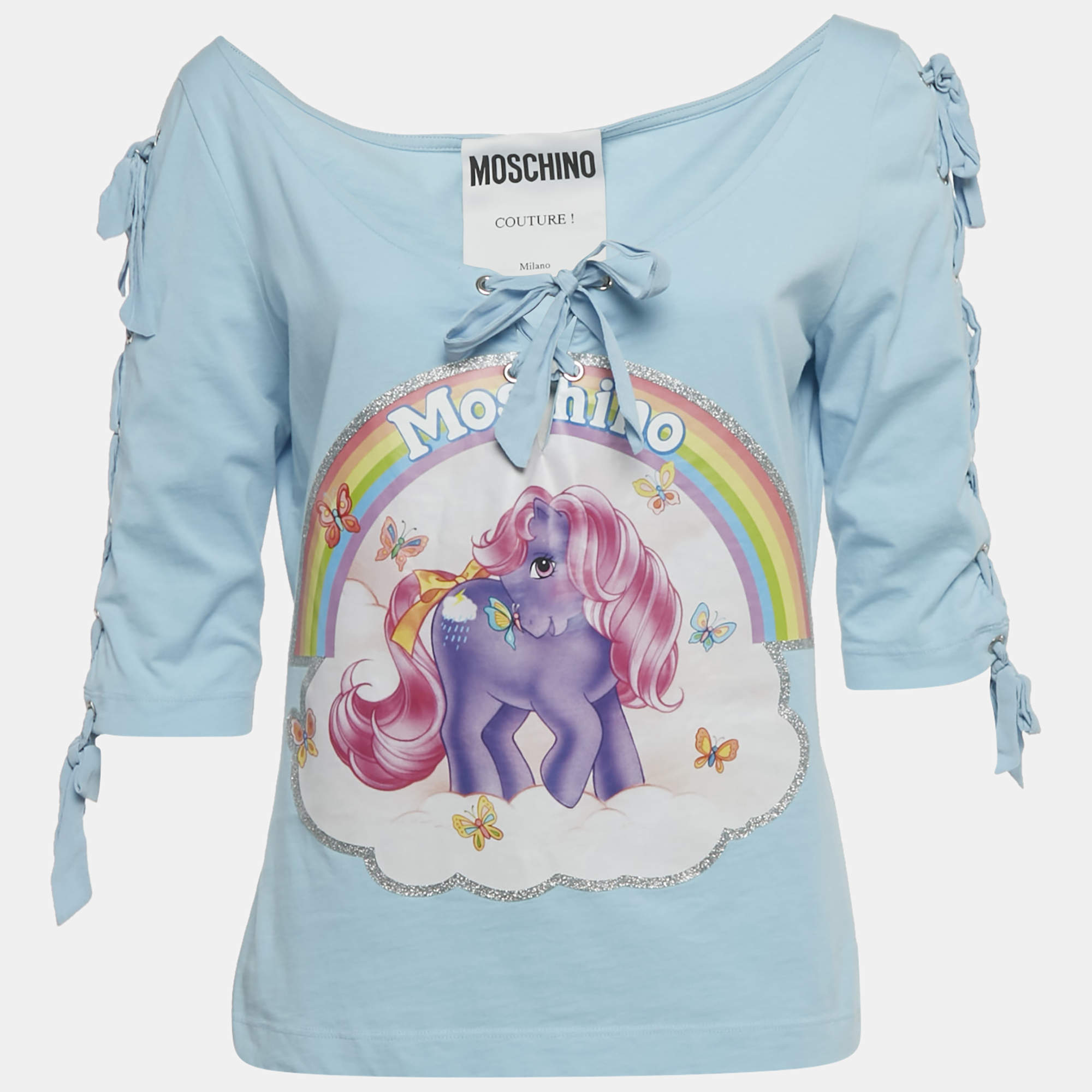 Pre Owned Moschino Couture Blue Pony Print Cotton Knit Lace-Up Detail Top L