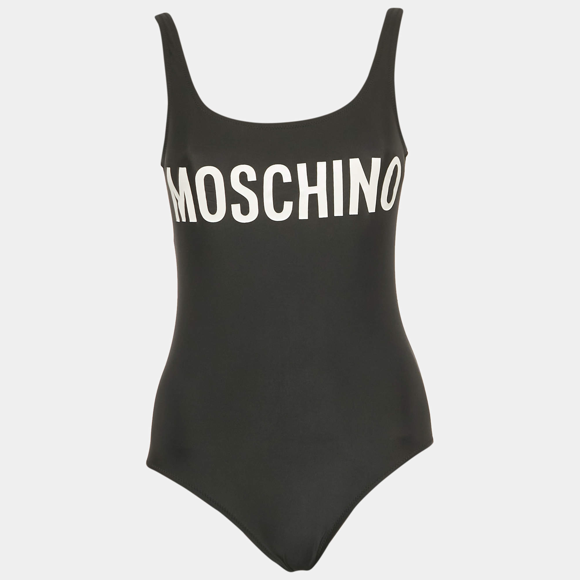 Pre Owned Moschino Couture Black Logo Print Jersey Swimsuit S