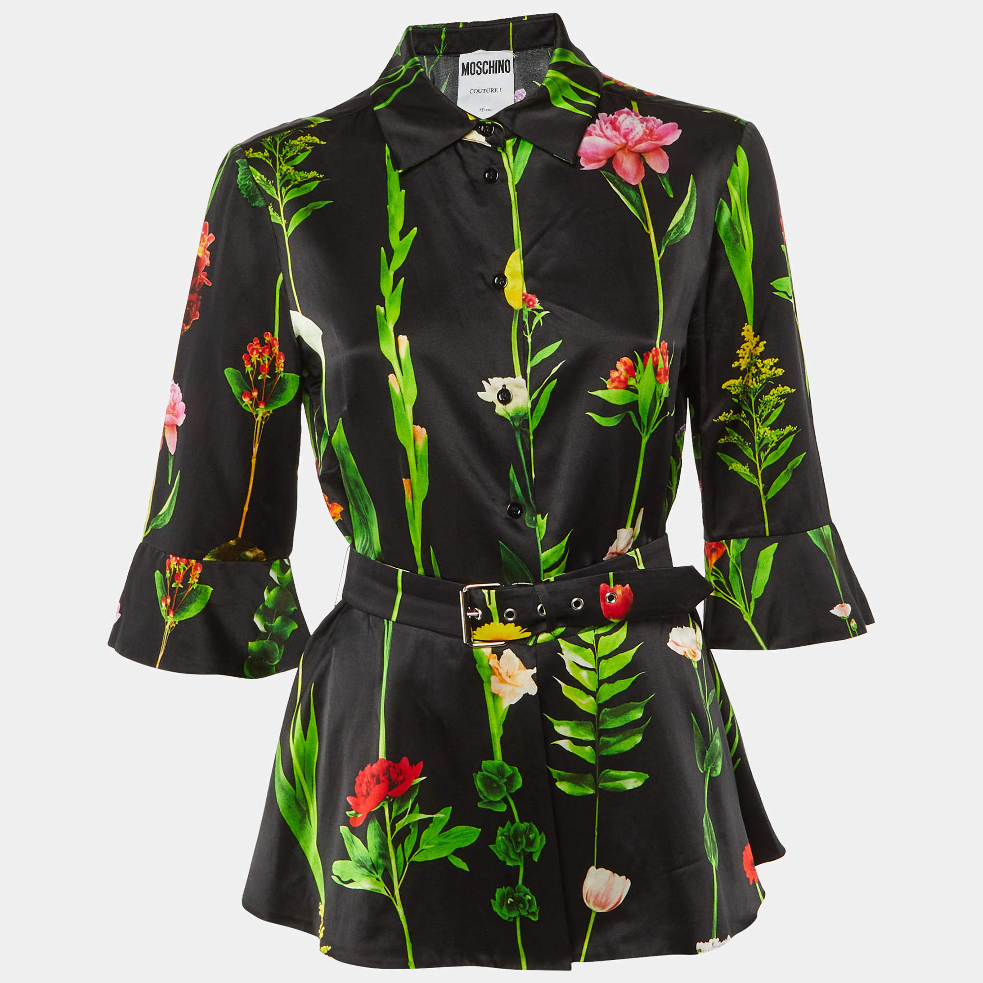 Pre Owned Moschino Couture Black Floral Print Satin Belted Top M