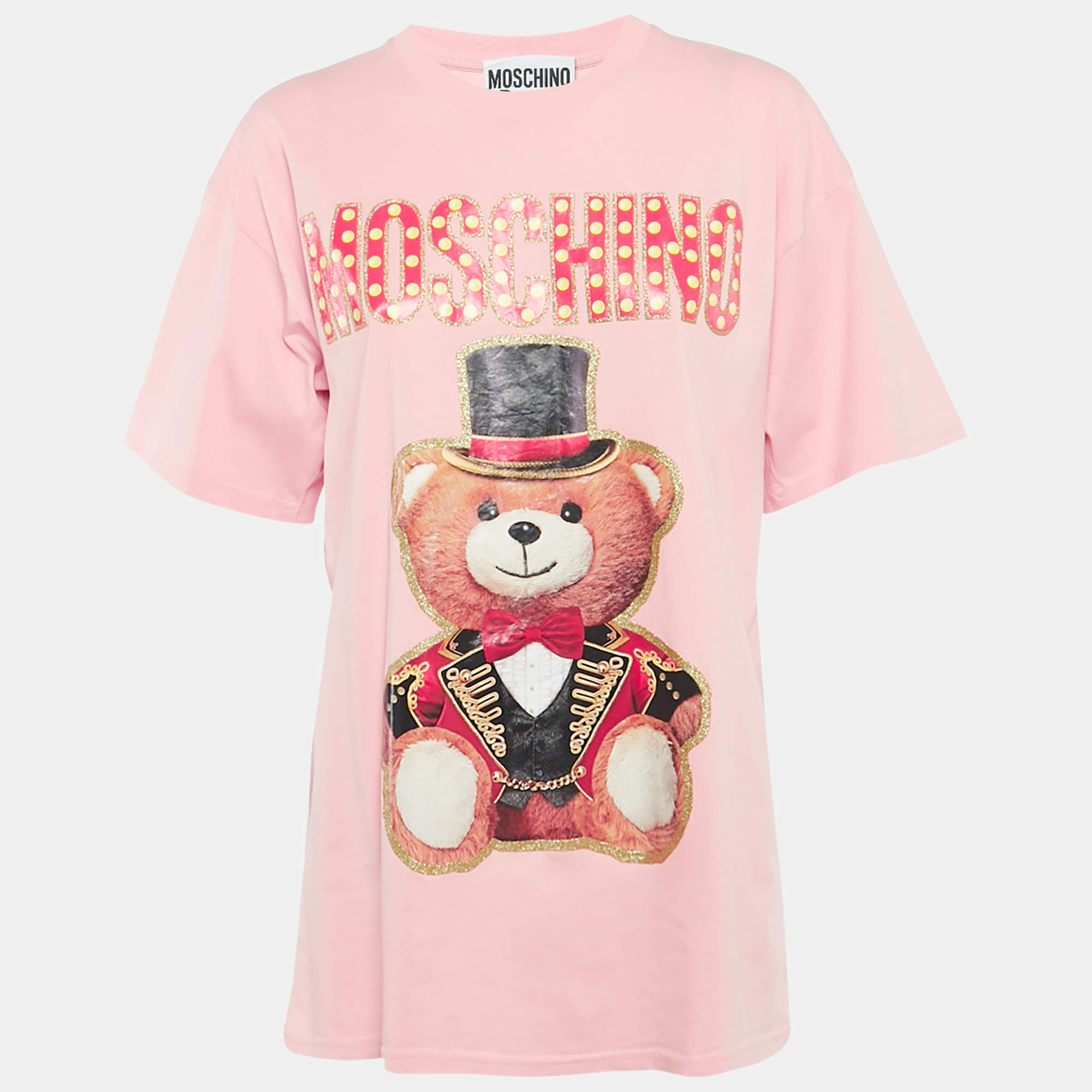 Pre Owned Moschino Couture Pink Glitter Teddy Applique Cotton T-Shirt S