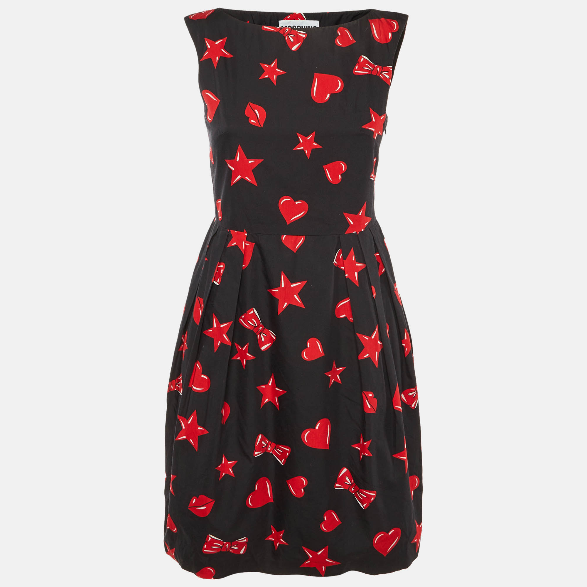 Pre Owned Moschino Couture Black Printed Cotton & Silk Mid Dress S