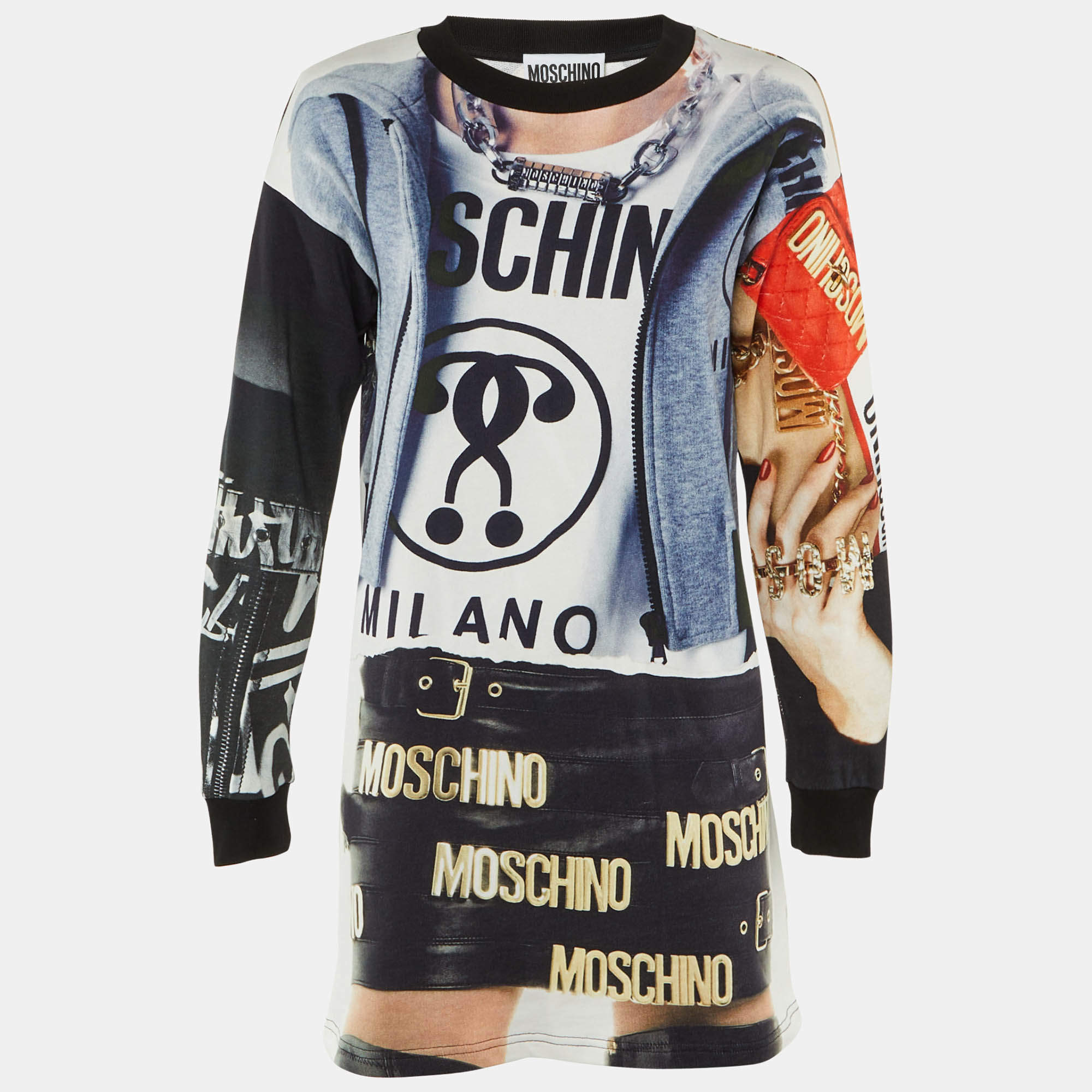 Pre Owned Moschino Couture Multicolor Printed Cotton Sweatshirt Mini Dress XS
