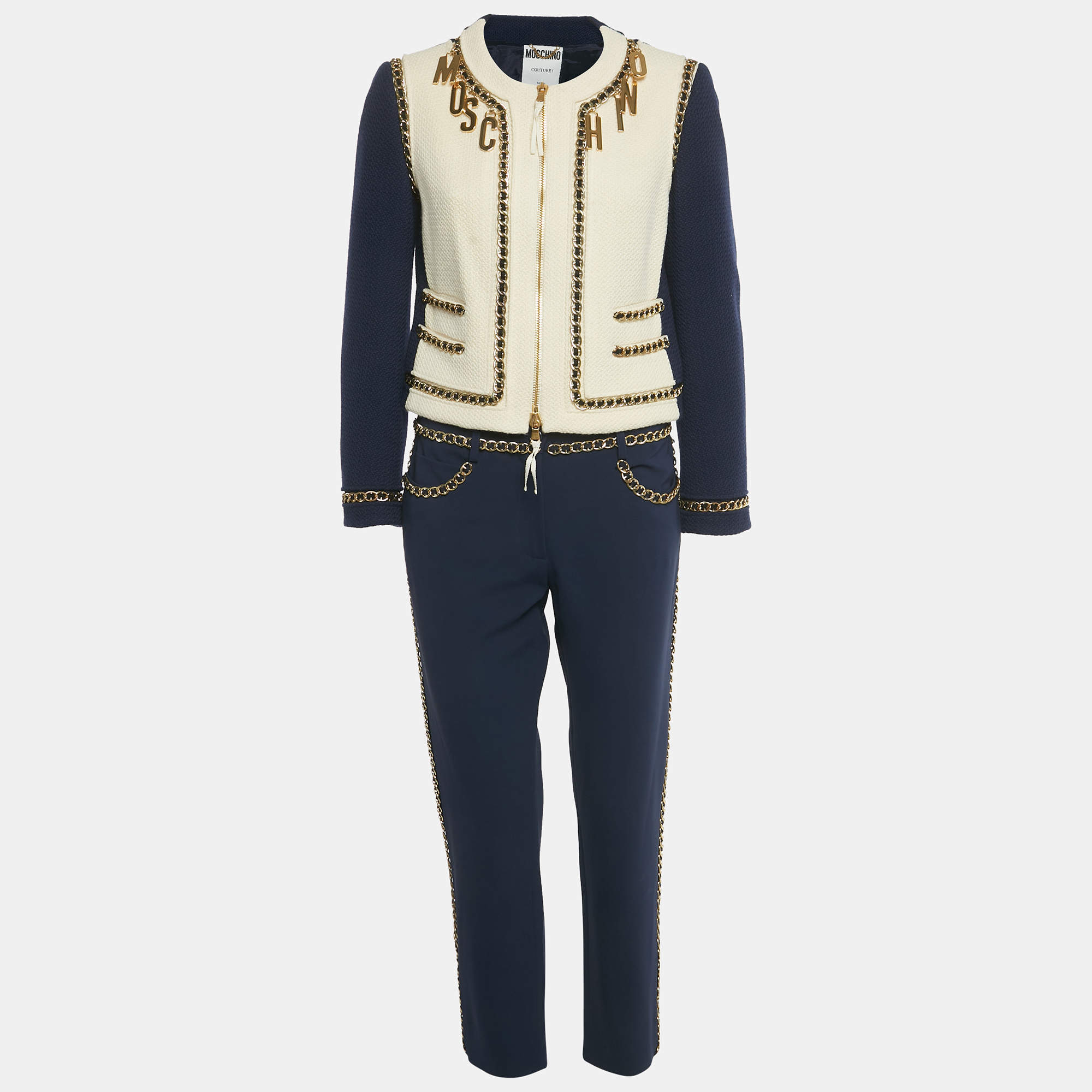 Pre Owned Moschino Couture Navy Blue Tweed & Crepe Chain Detail Jacket & Pants Set M