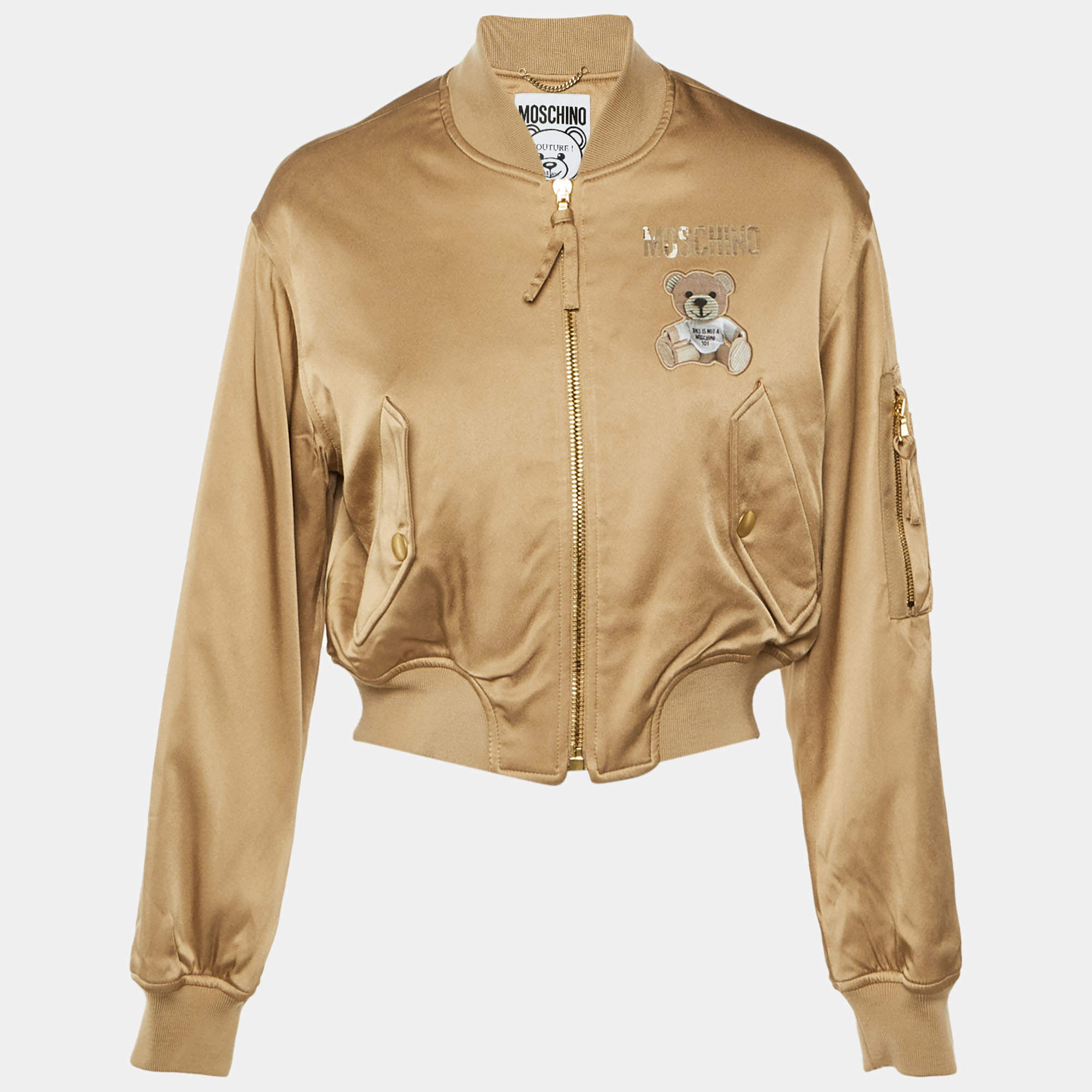 Pre Owned Moschino Couture Beige Teddy Print Synthetic Cropped Bomber Jacket S