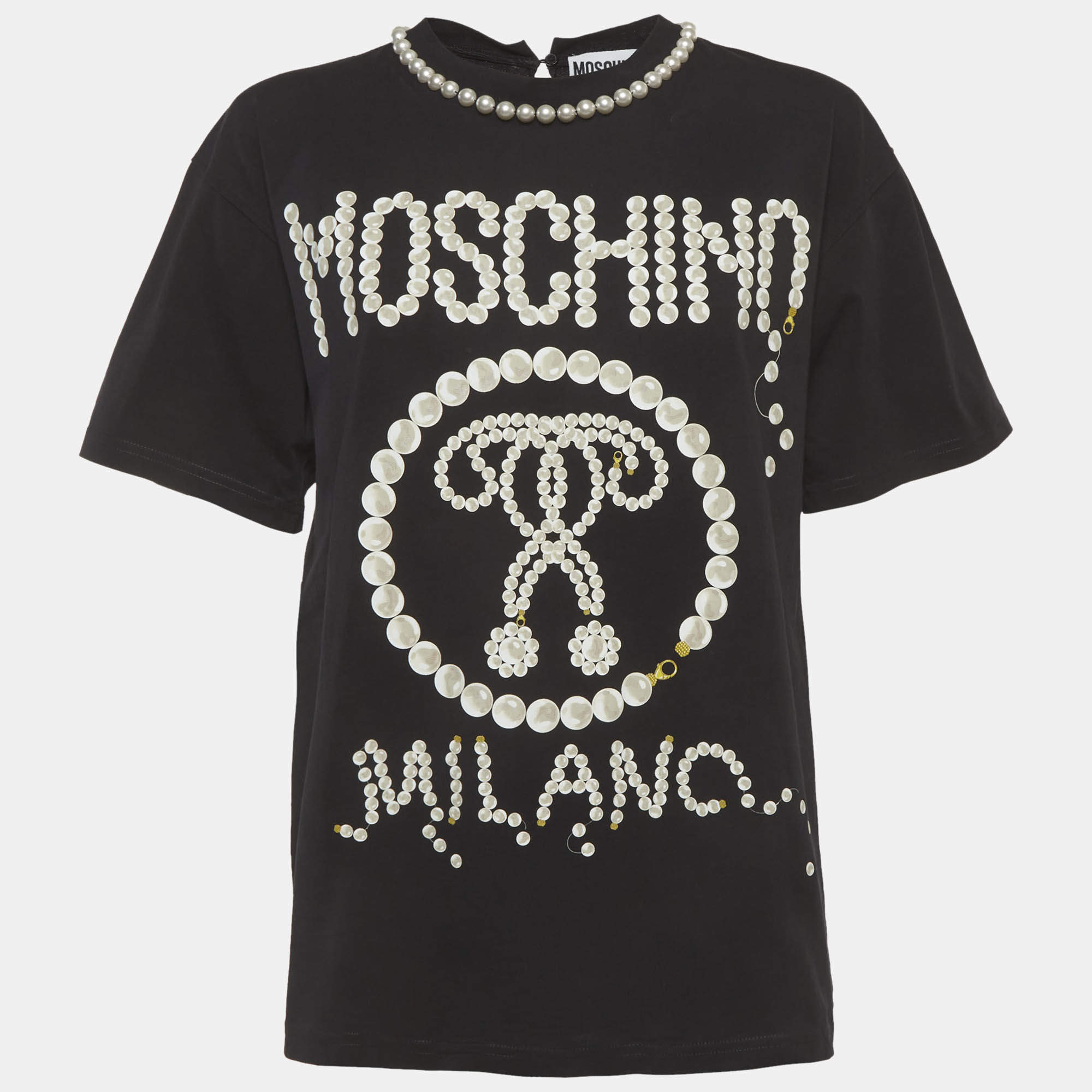 Pre Owned Moschino Black Pearl Print Jersey Oversized T-Shirt XXS
