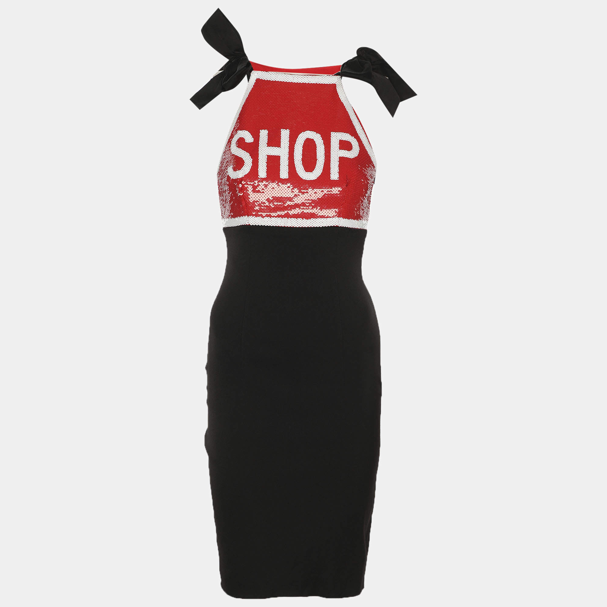 Pre Owned Moschino Couture Black/Red Satin and Sequin Bodycon Dress S