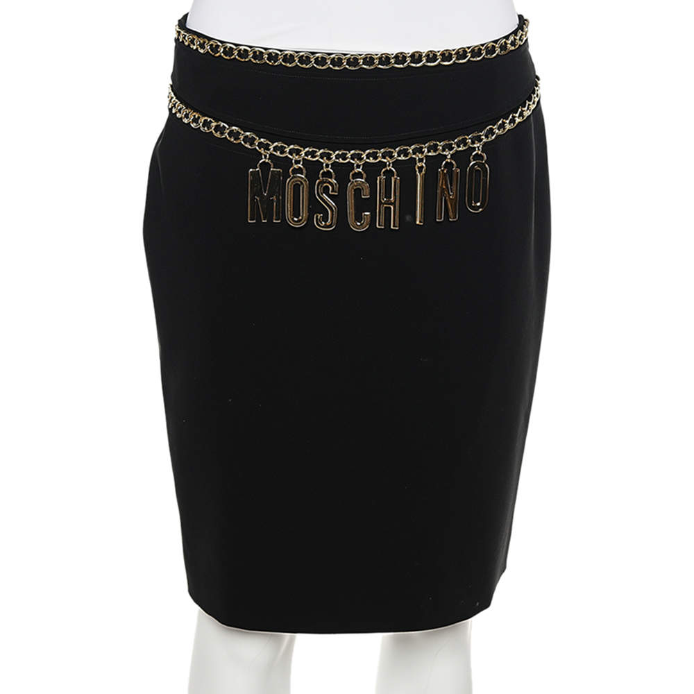 Pre Owned Moschino Couture Black & Gold Logo Chain Detailed Crepe Short Skirt M