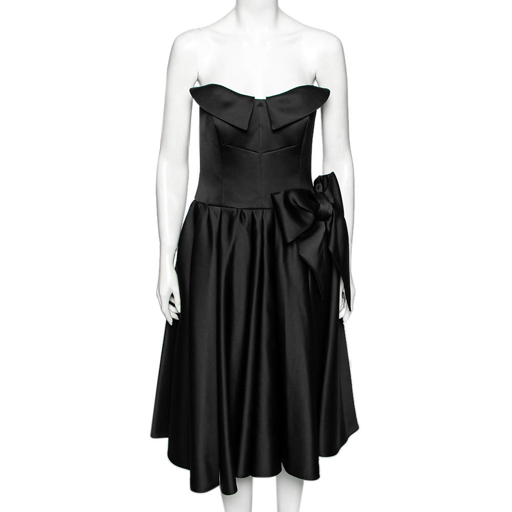 Pre Owned Moschino Couture Black Satin Bow Detail Strapless Pleated Dress M
