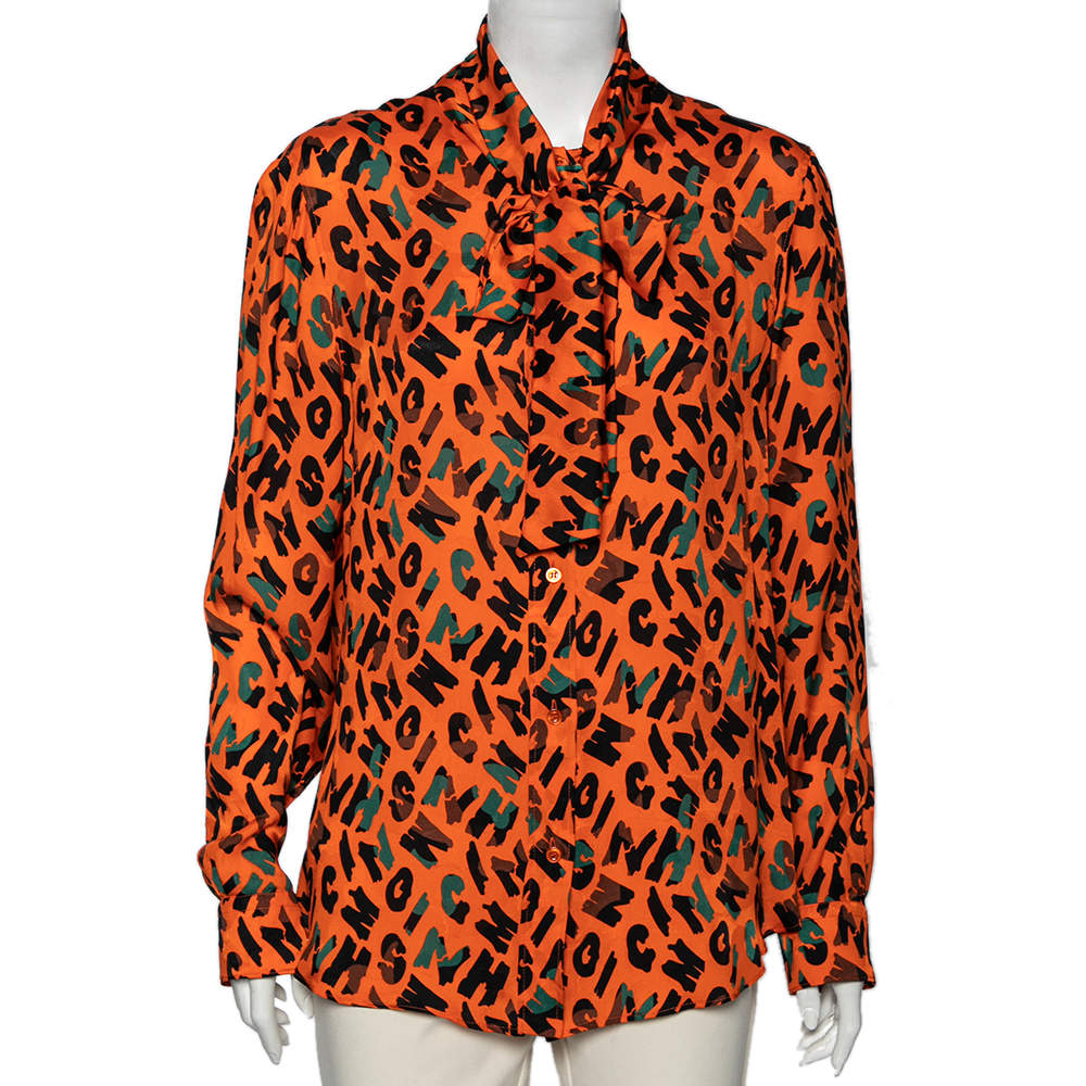 Moschino Couture Orange Printed Silk Neck Tie Detail Shirt L