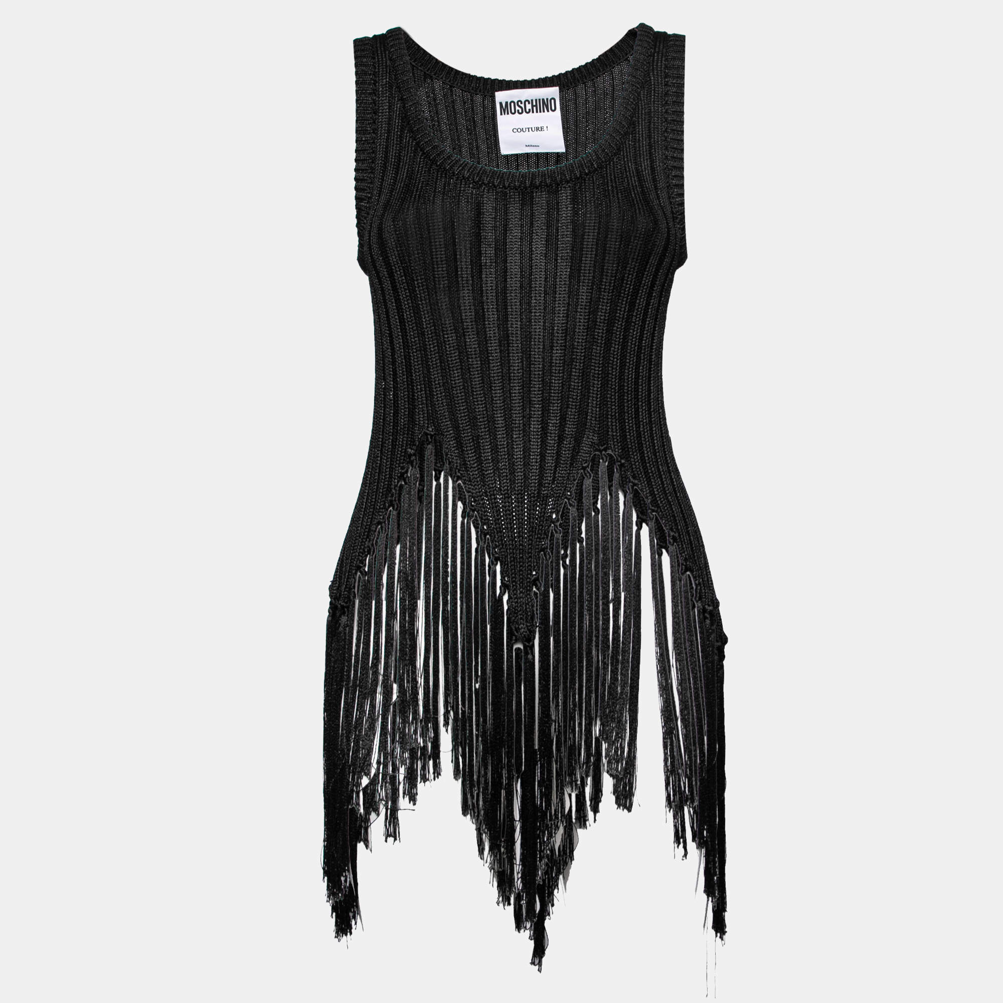 Pre Owned Moschino Couture Black Knit Fringe Detailed Hem Sleeveless Tank Top M