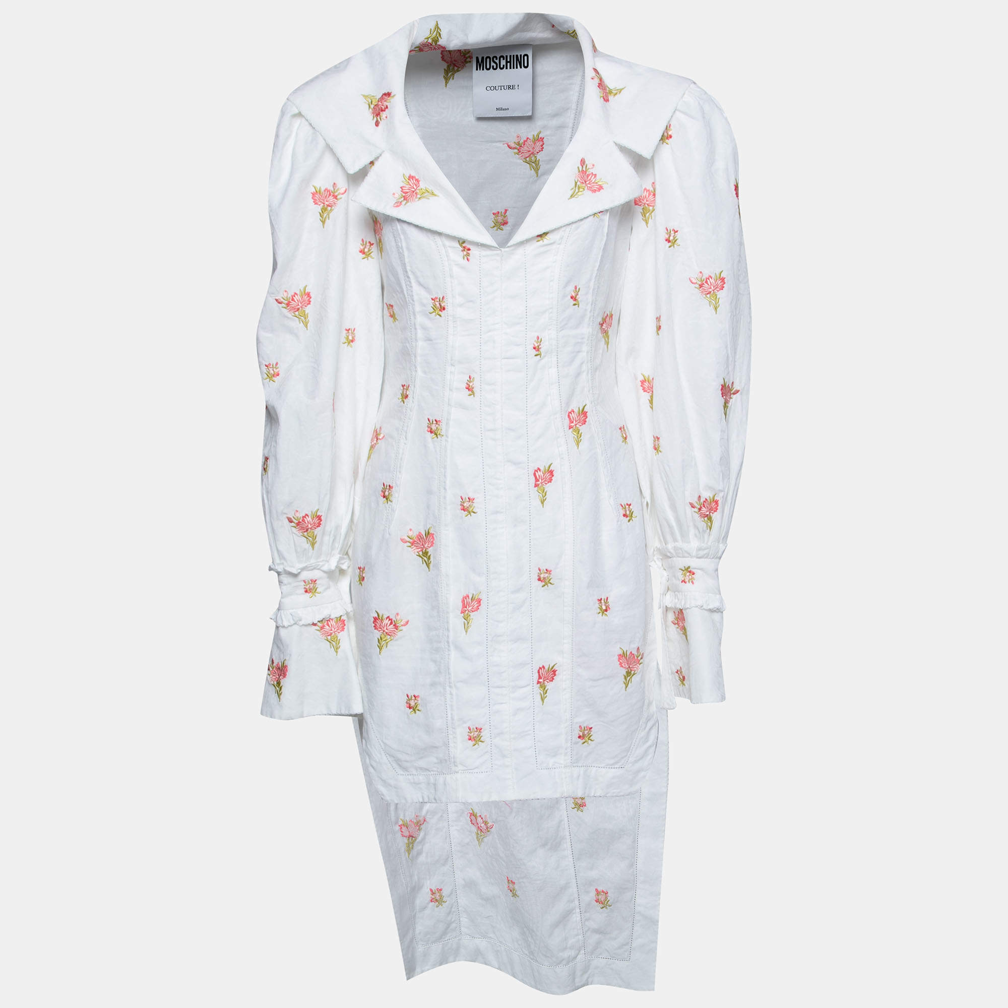 Pre Owned Moschino Couture White Cotton Floral Embroidered High-Low Dress M