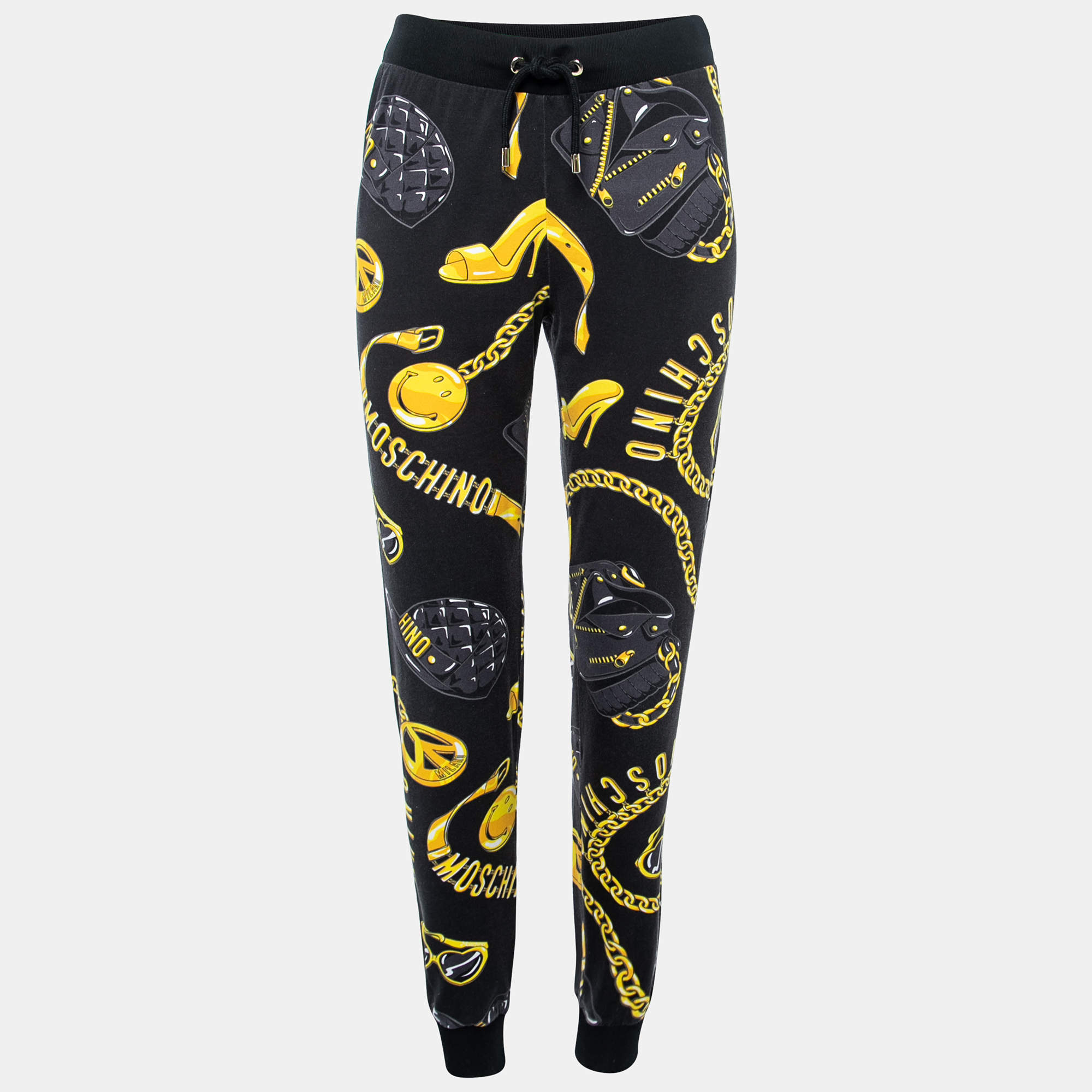 Pre Owned Moschino Couture Black Logo Printed Drawstring Track Pants M