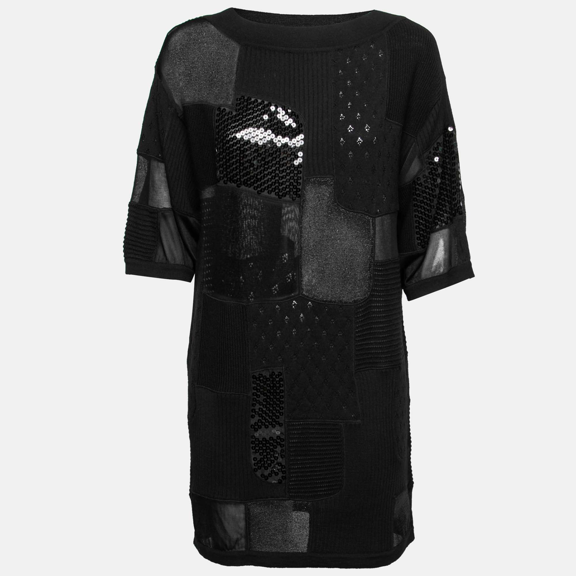 Pre Owned Moschino Couture Black Wool Patchwork Detail Knit Top M