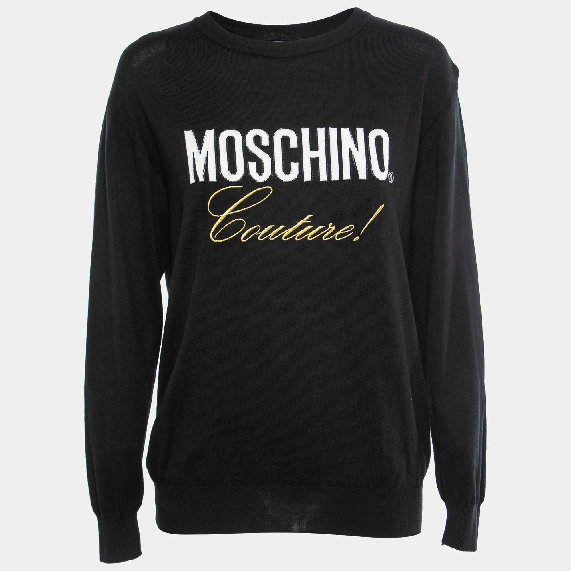 Pre Owned Moschino Couture Black Logo Intarsia Knit & Embroidered Crewneck Sweater S