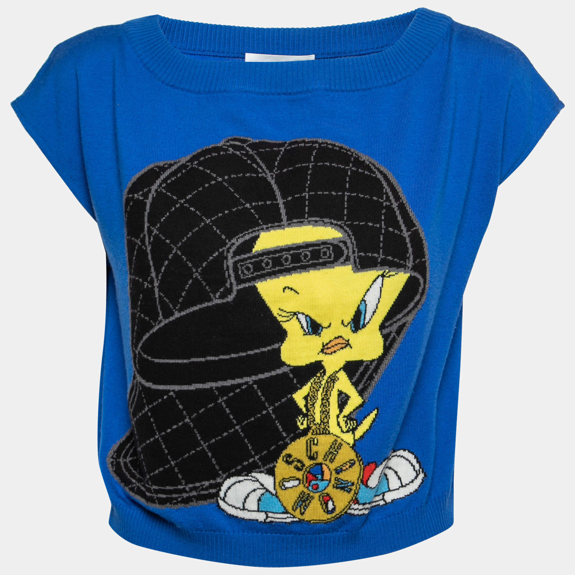 Pre Owned Moschino Couture Blue Looney Tunes Intarsia Knit Wool Sweater M