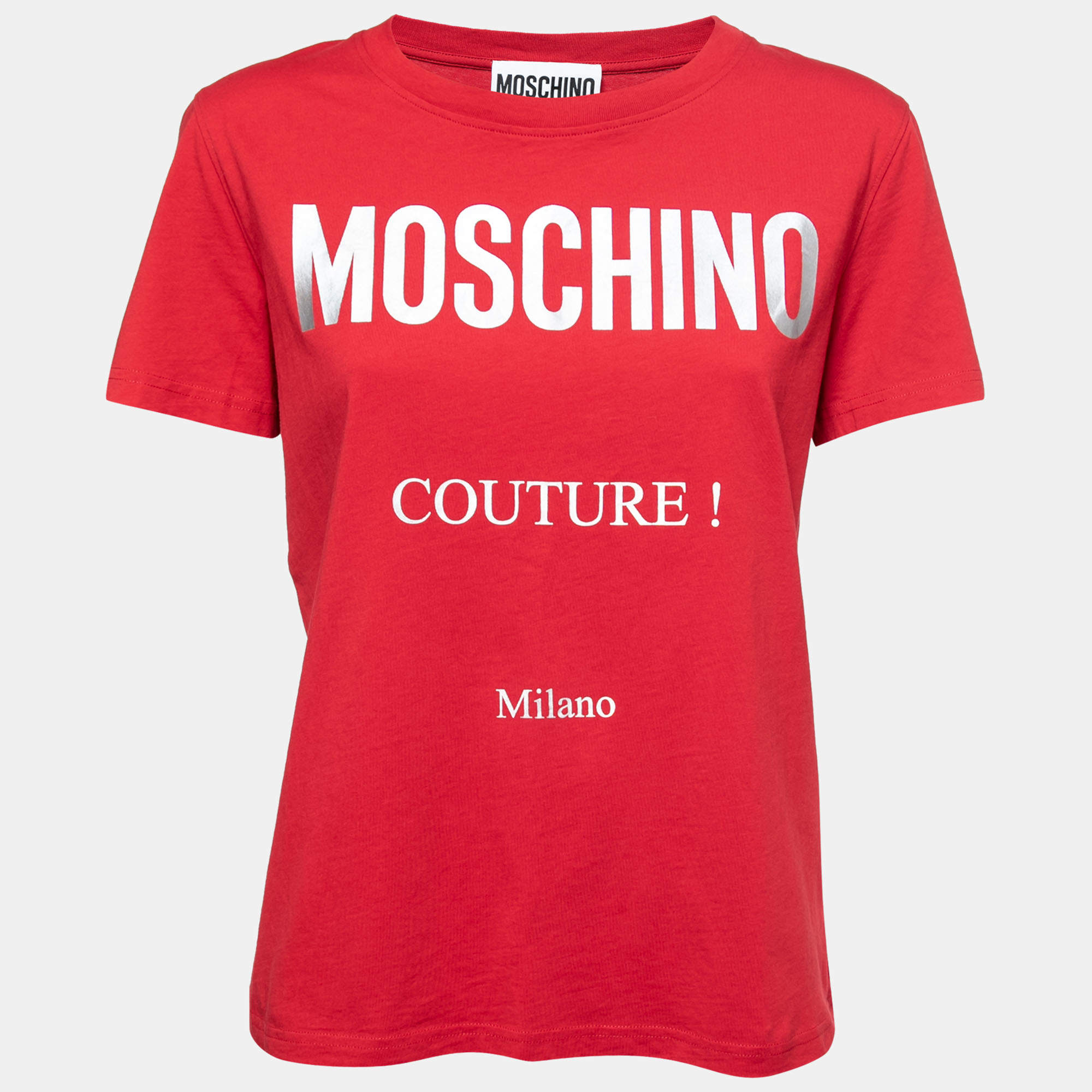 Pre Owned Moschino Couture Red Cotton Logo Printed Short Sleeve T-Shirt S