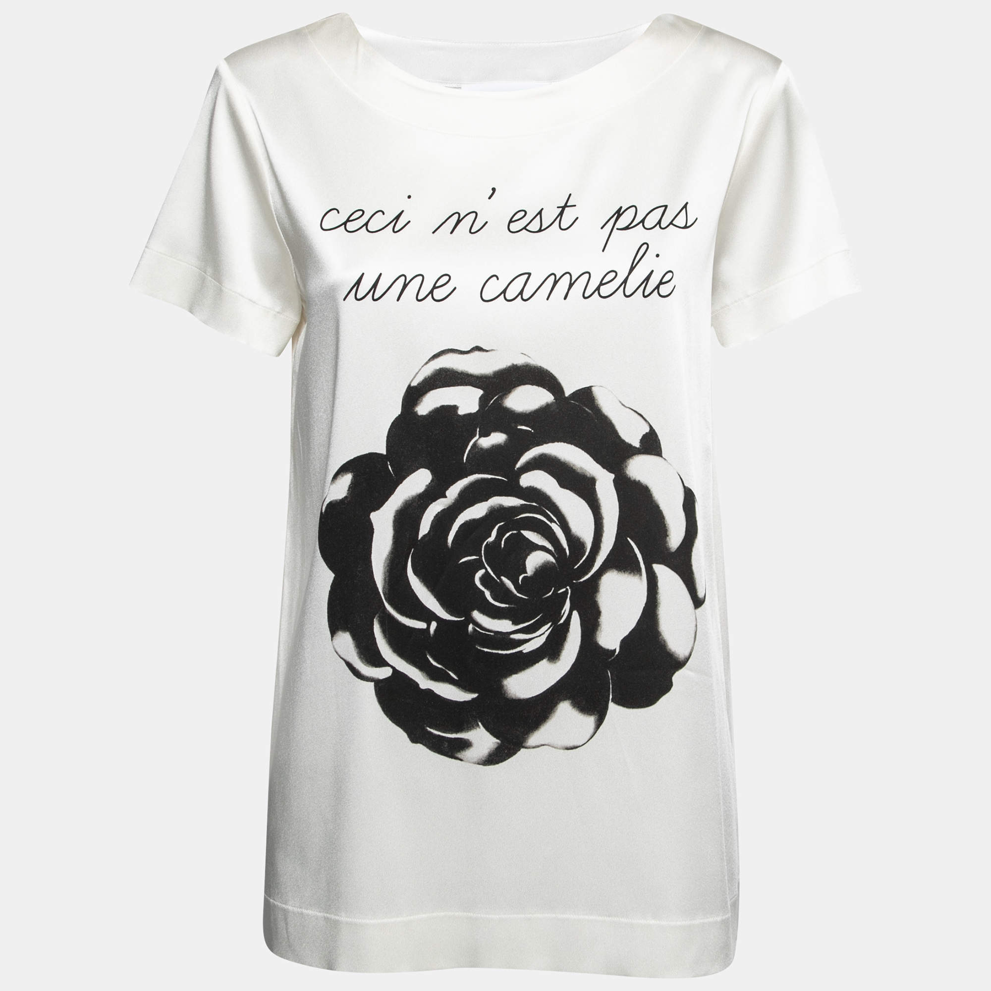 Pre Owned Moschino Couture White Satin Camelia Print T-Shirt M