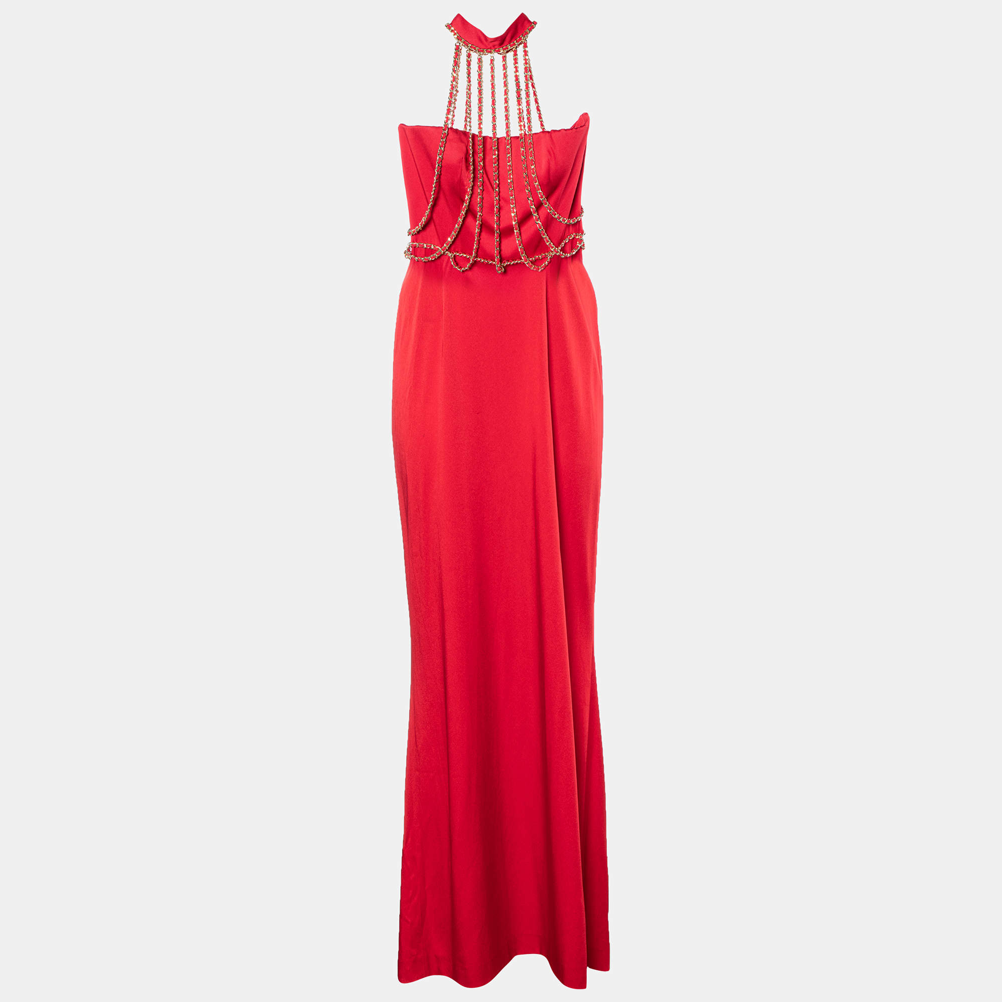 Pre Owned Moschino Couture Red Sateen Neck Chain Detail Evening Gown M