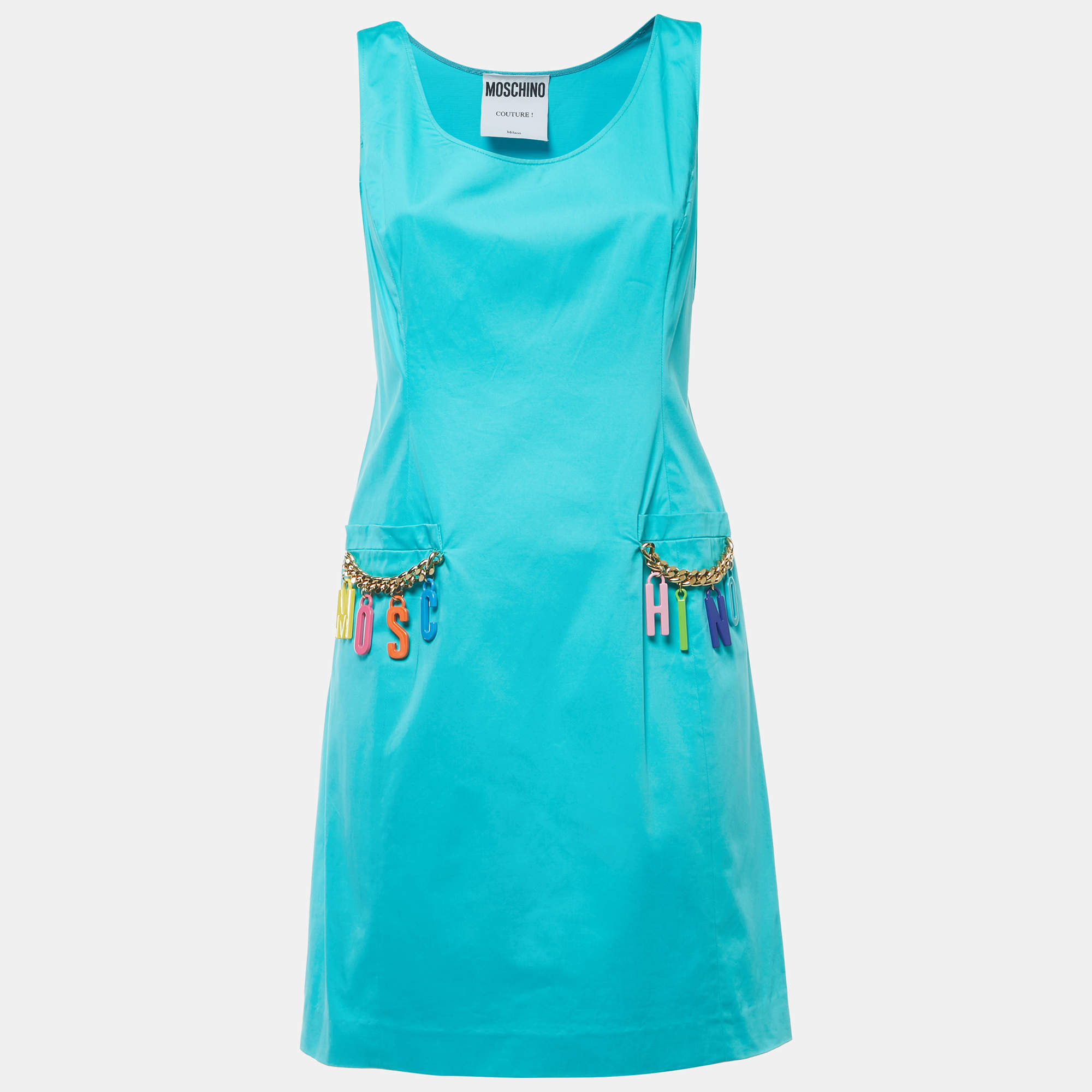 مملوكة مسبقًا Moschino Couture Blue Cotton Logo Chain Detailed Sleeveless Mini Dress M